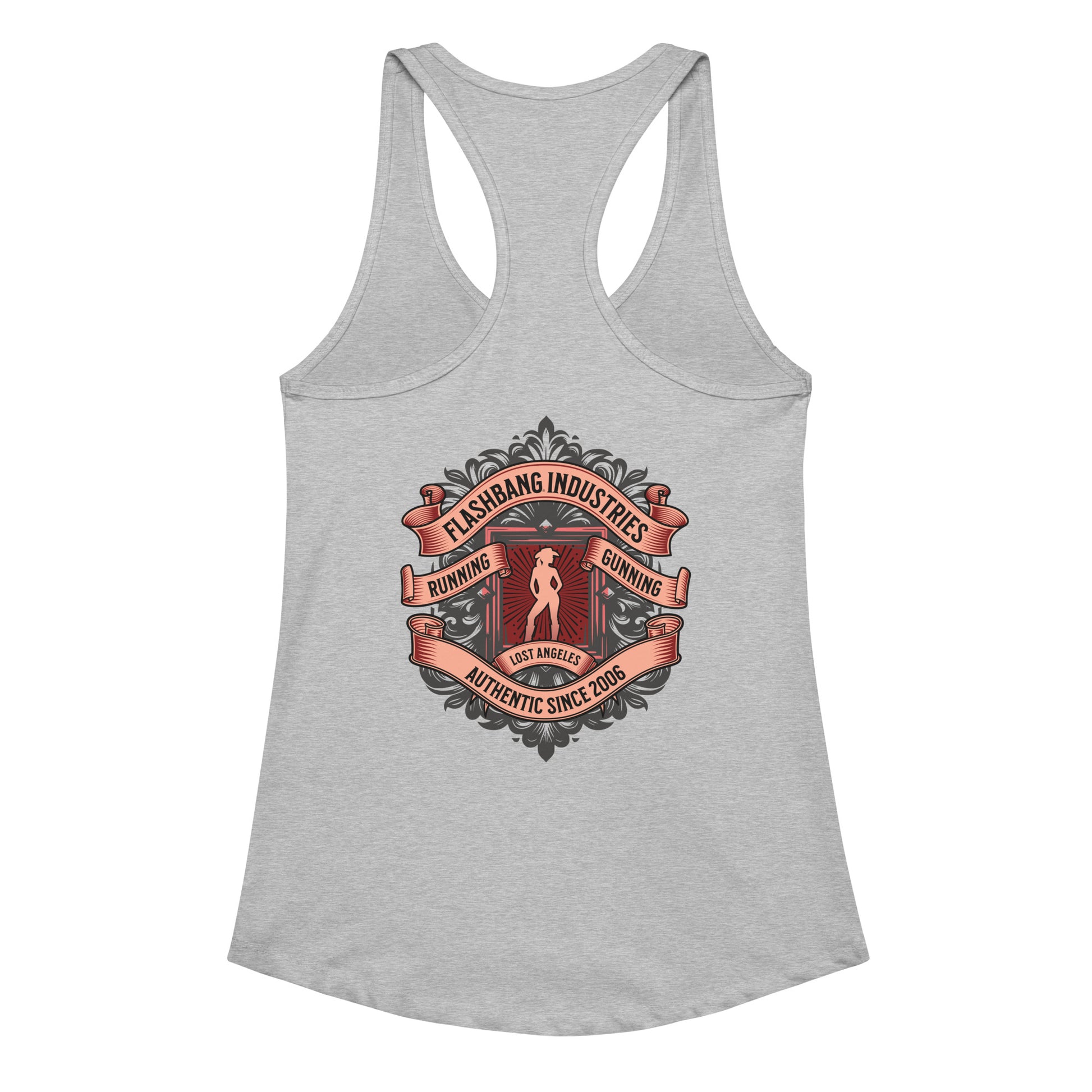 Gray tank top with a graphic design on a white background