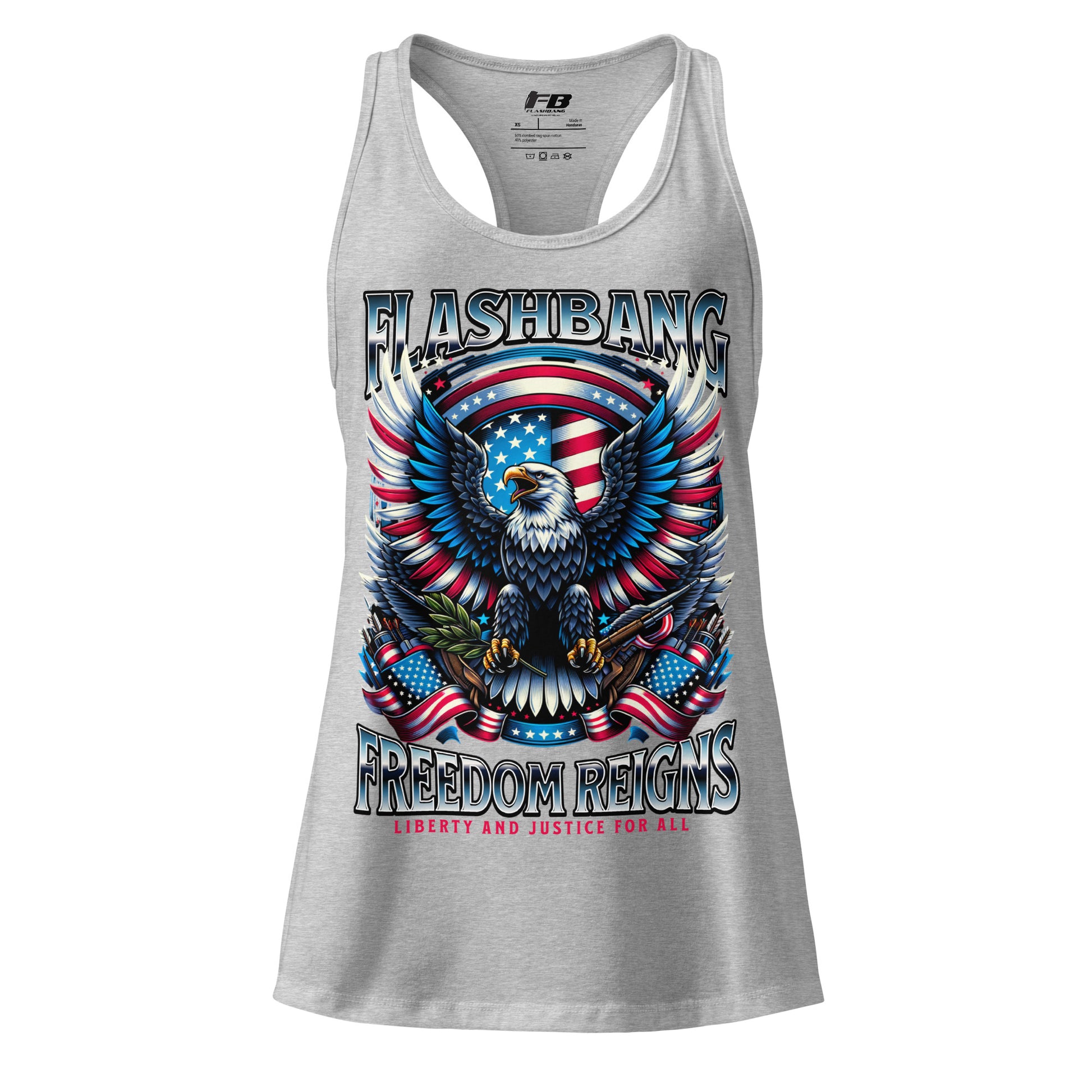 Gray tank top with eagle and American flag design on a white background