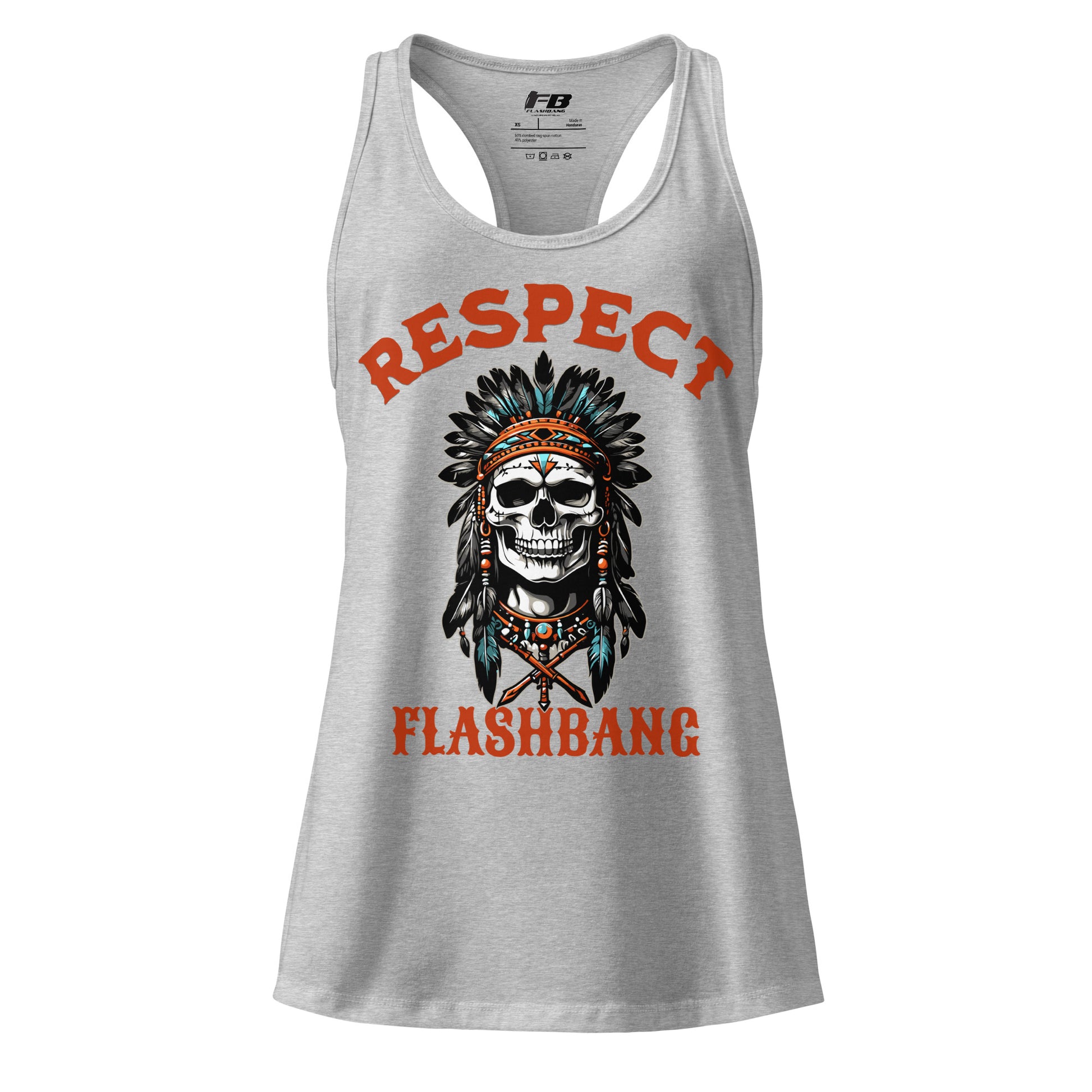 Gray tank top with a skull design and 'Respect Flashbang' text on a white background