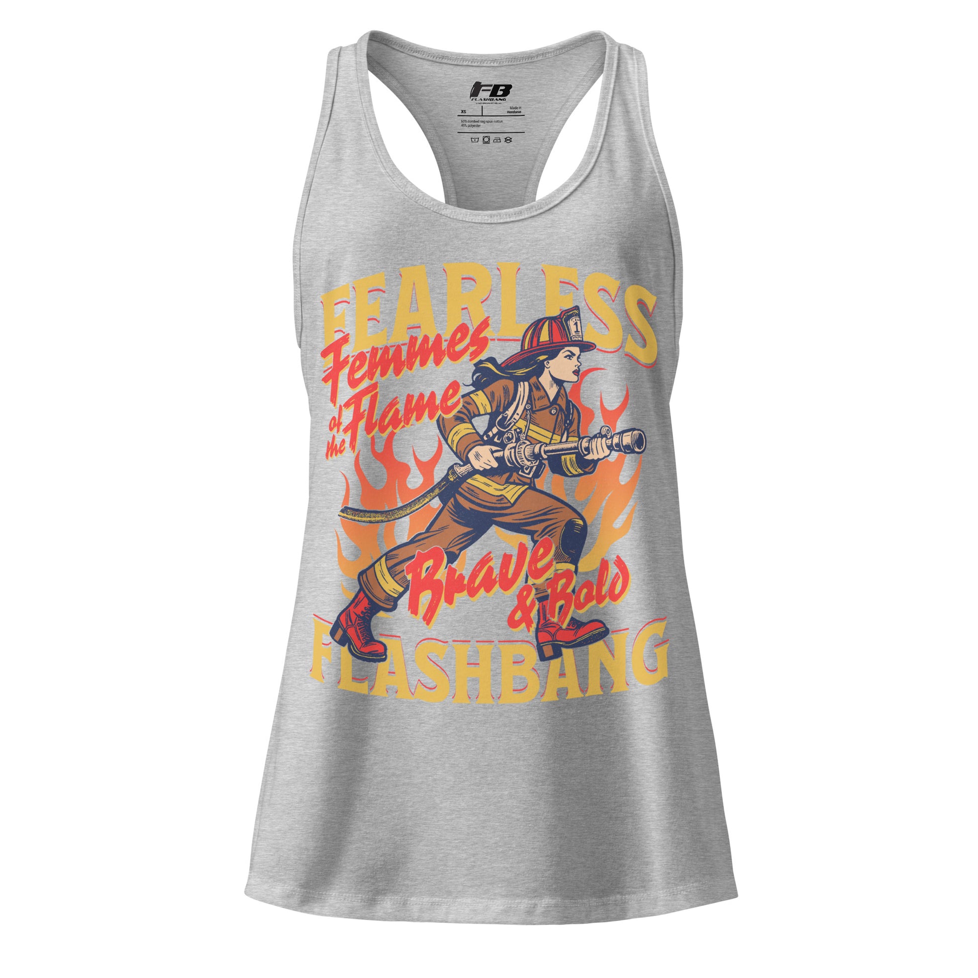 Gray tank top with a graphic of a firefighter and text on a white background