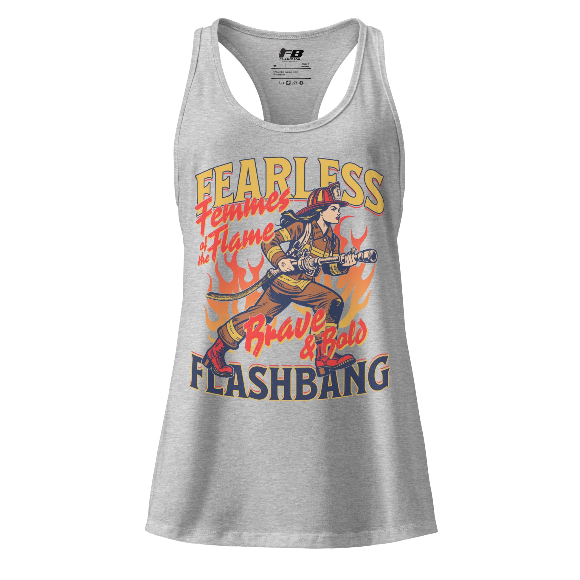 Gray tank top with graphic design and text on a white background