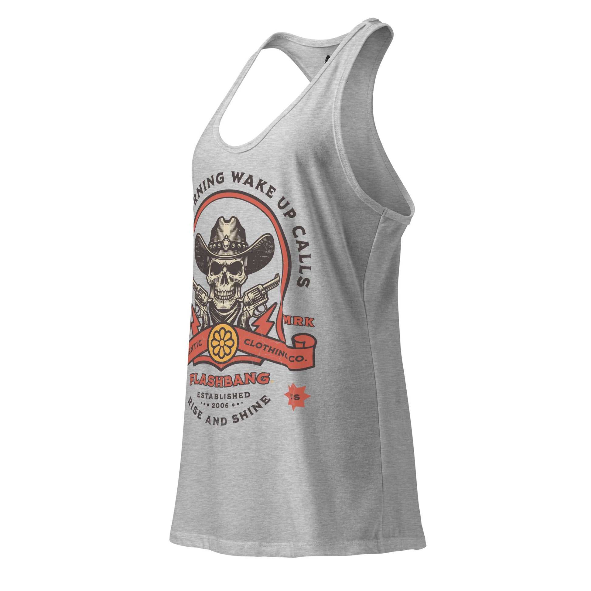 Gray tank top with a graphic design on a white background