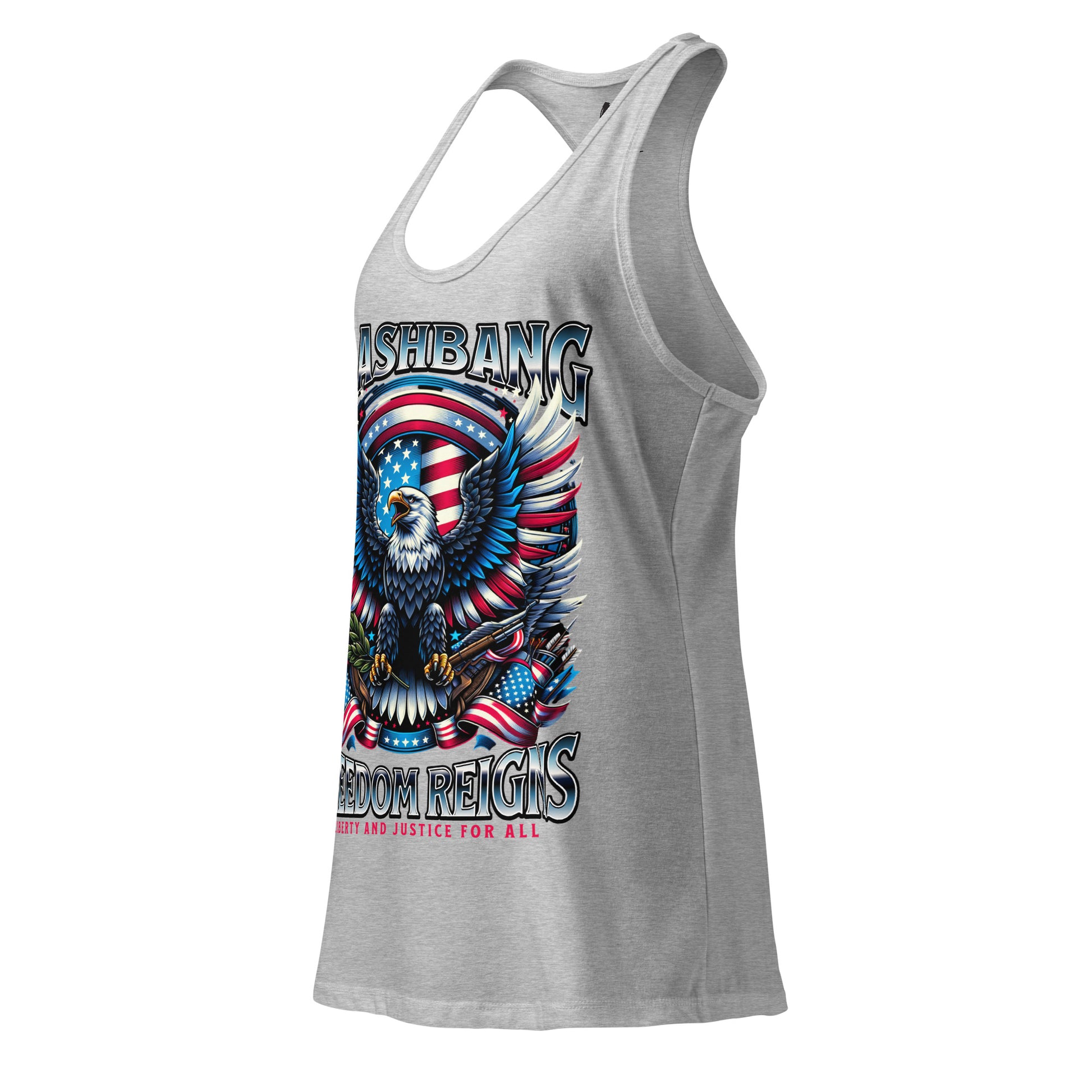 Gray tank top with eagle and American flag design on a white background