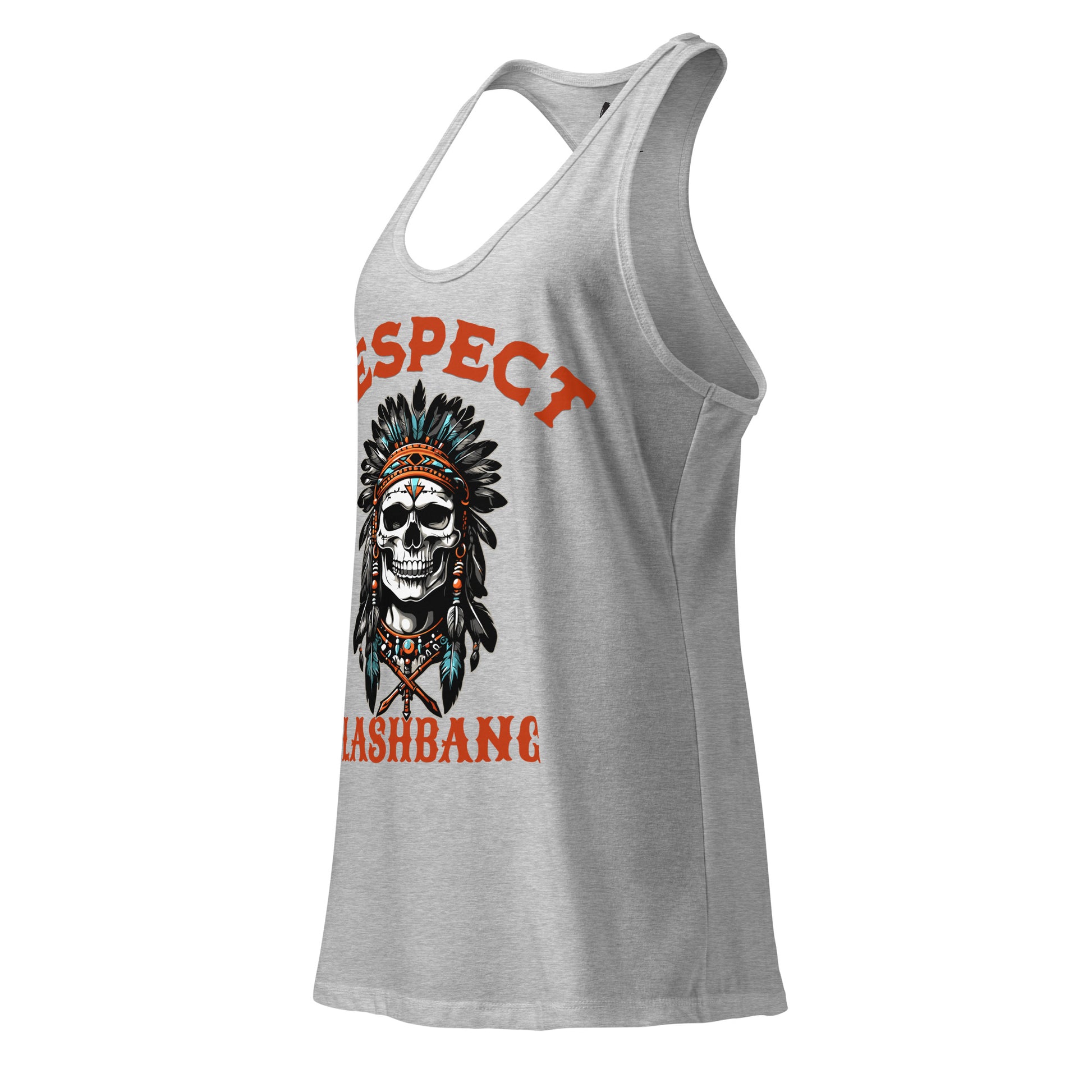 Gray tank top with a skull and headdress design and 'Respect Dashbang' text on a white background