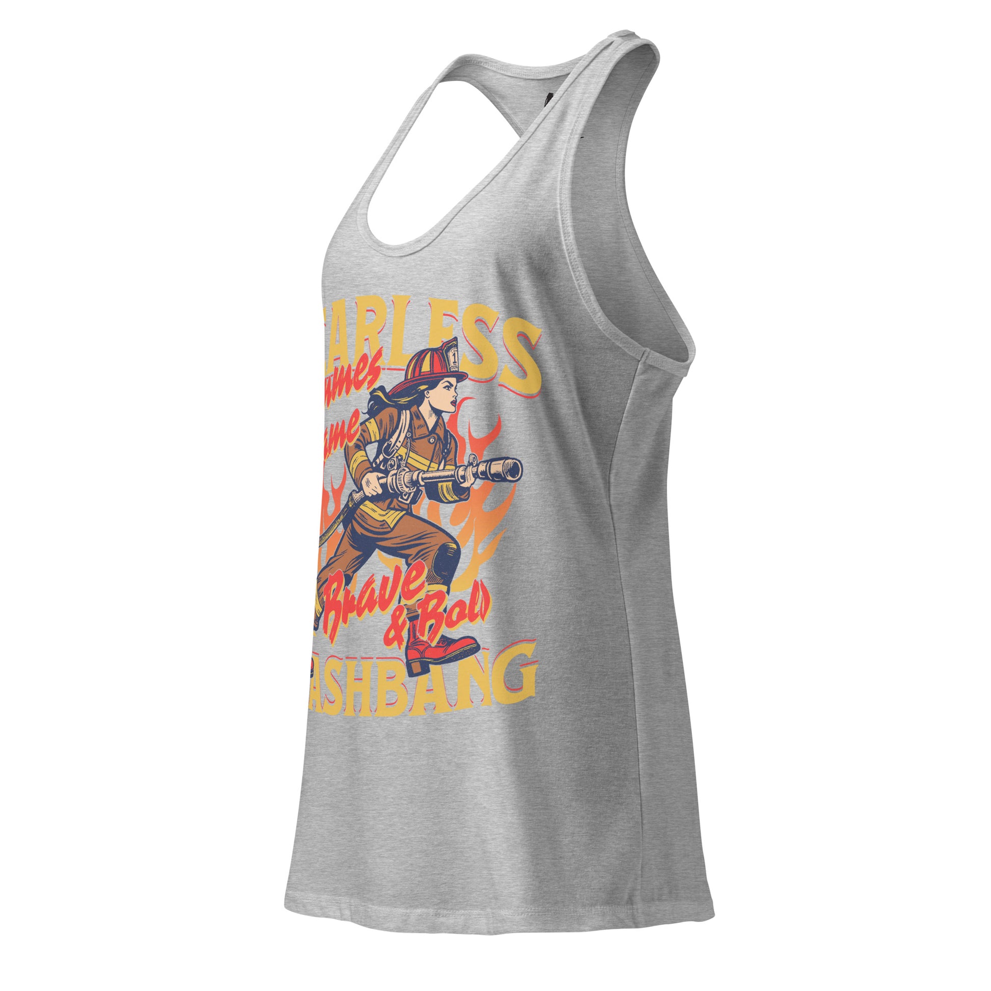 Gray tank top with graphic design of a person playing guitar and text on a white background