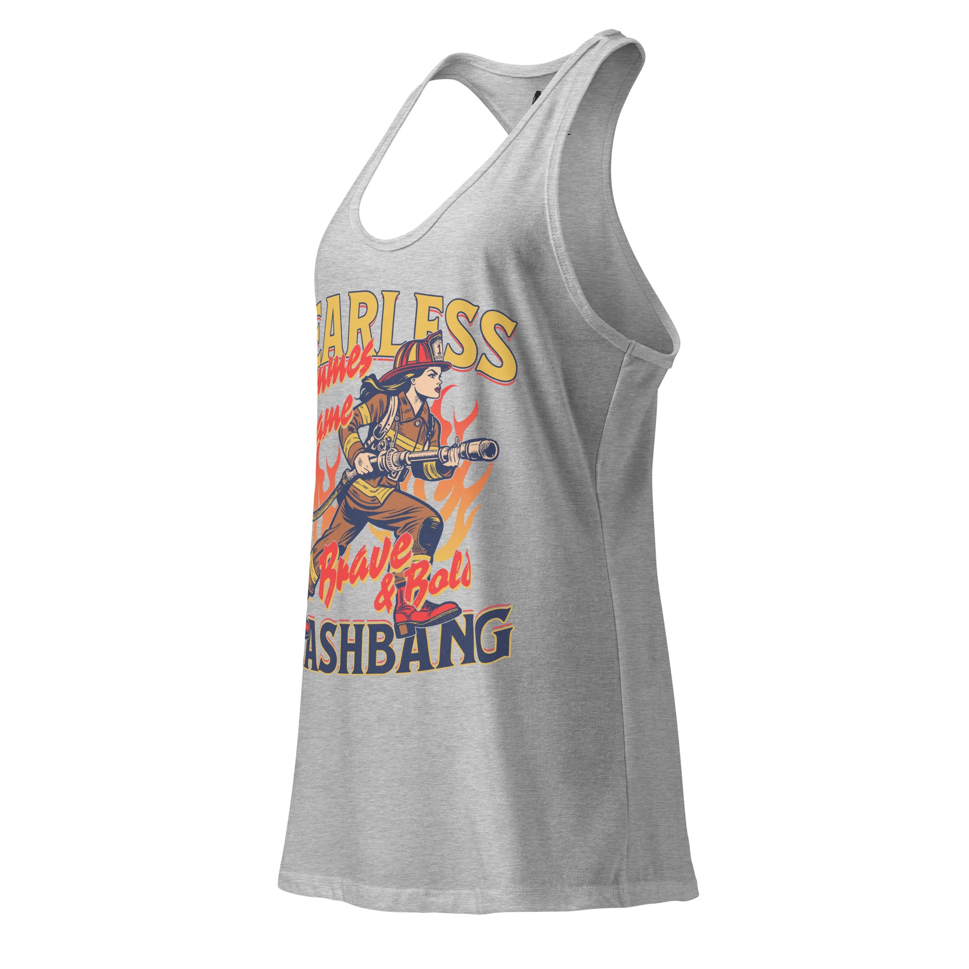 Gray tank top with graphic design and text on a white background