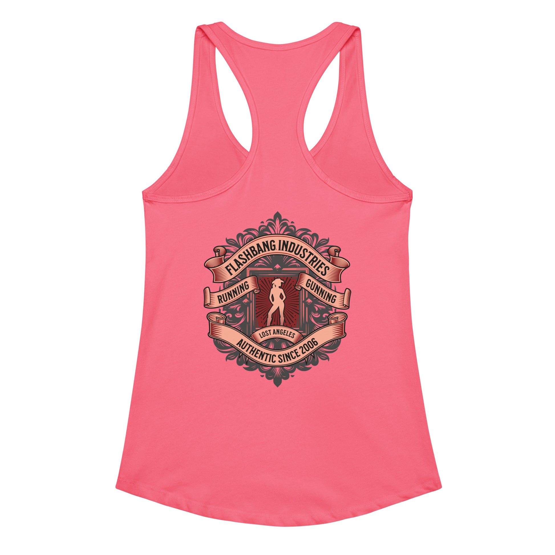 Pink tank top with a graphic design on a white background