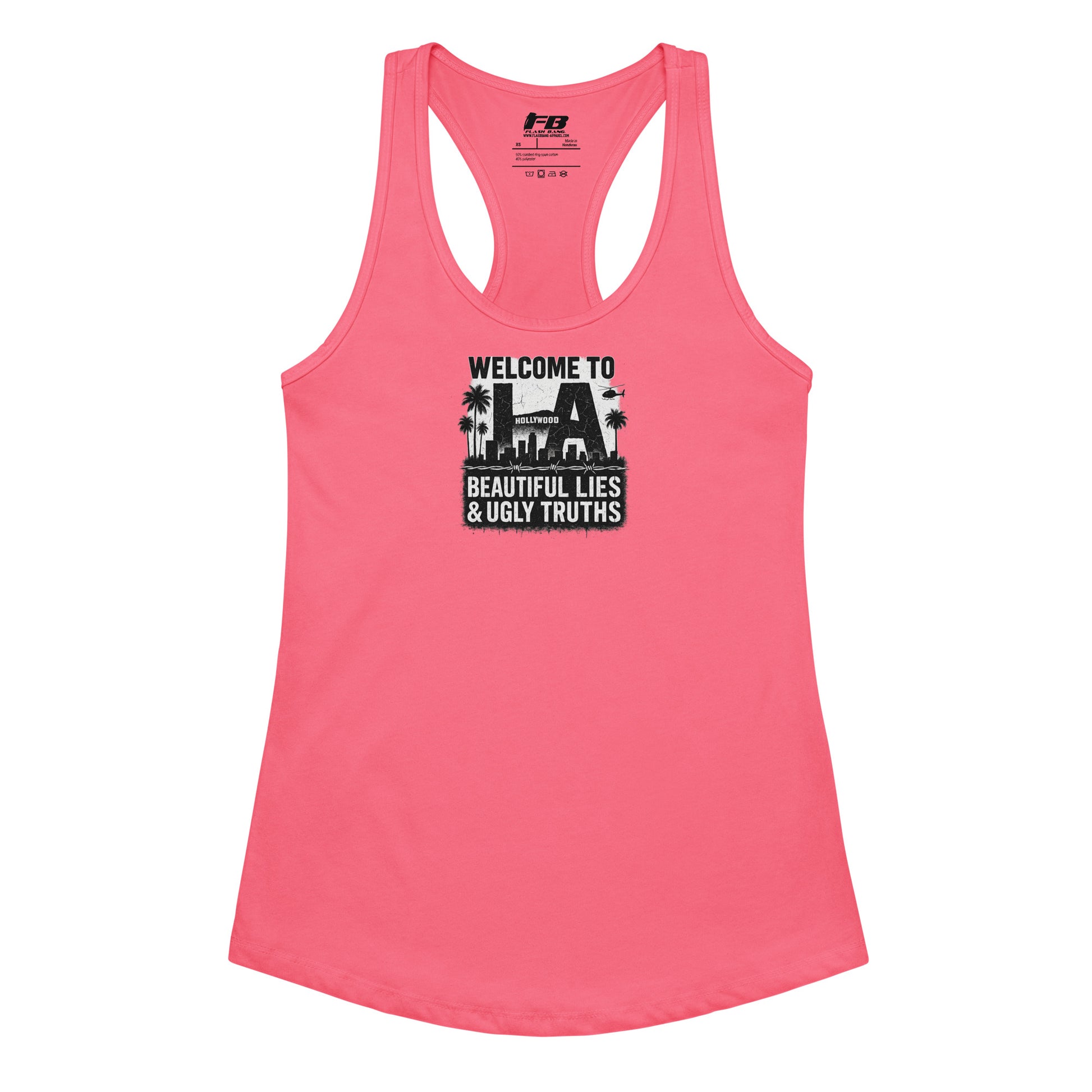 Pink tank top with text and palm tree design on a white background