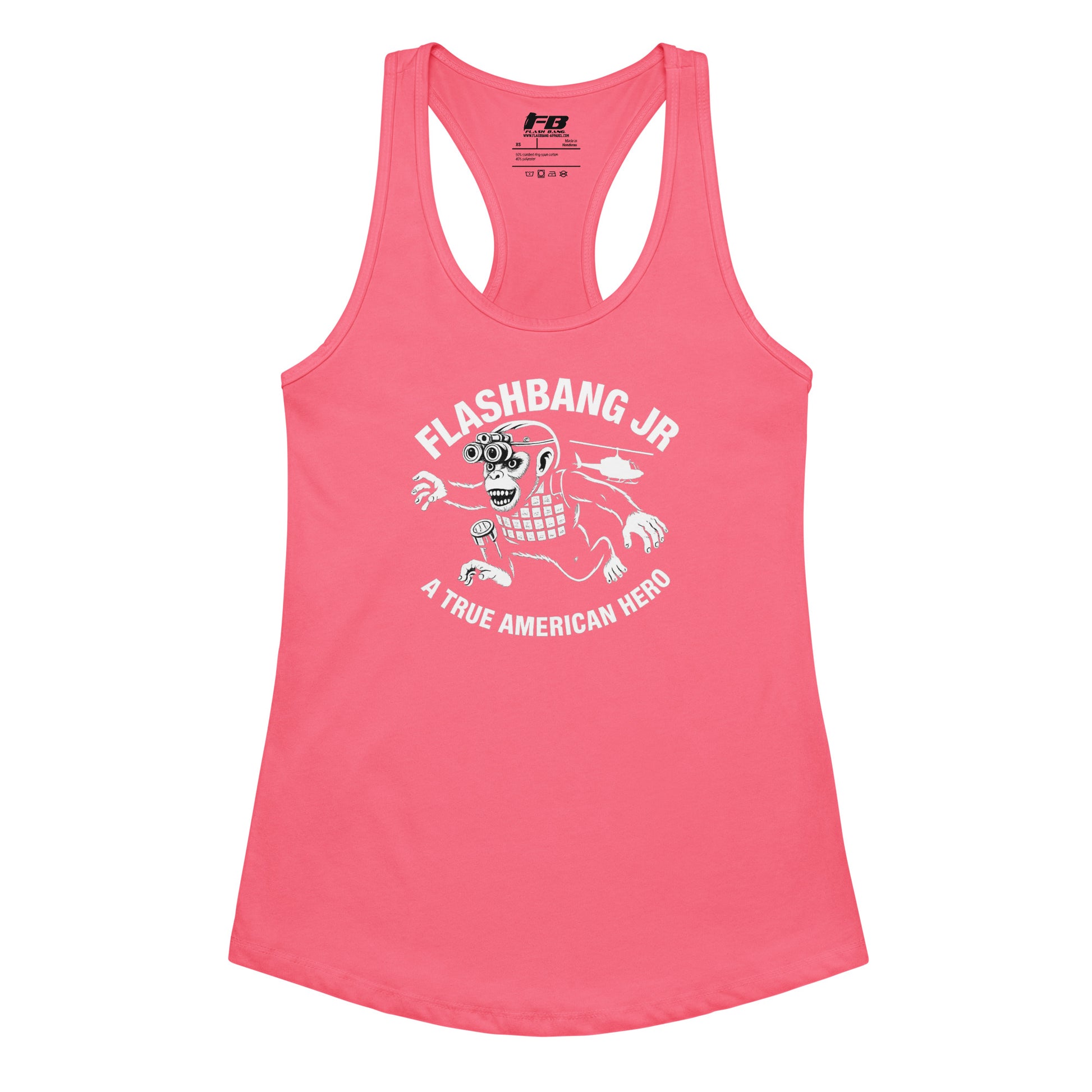 Pink tank top with graphic design and text on a white background