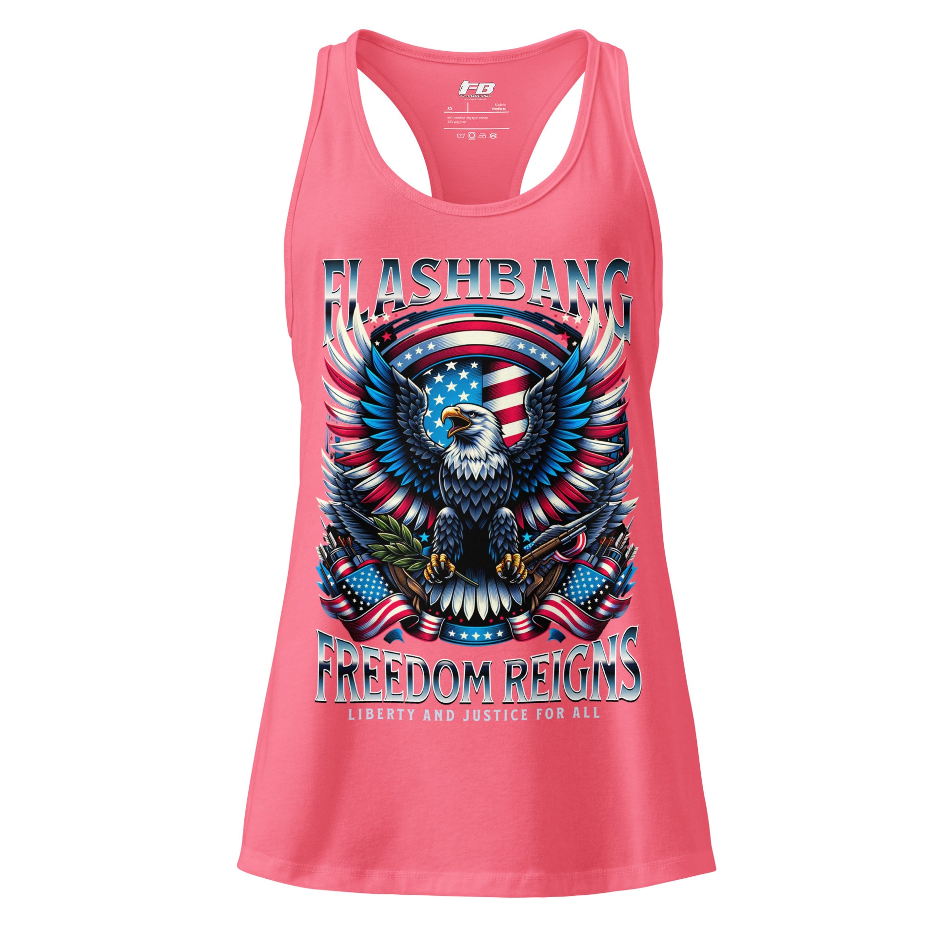 Pink tank top with eagle and American flag design on a white background