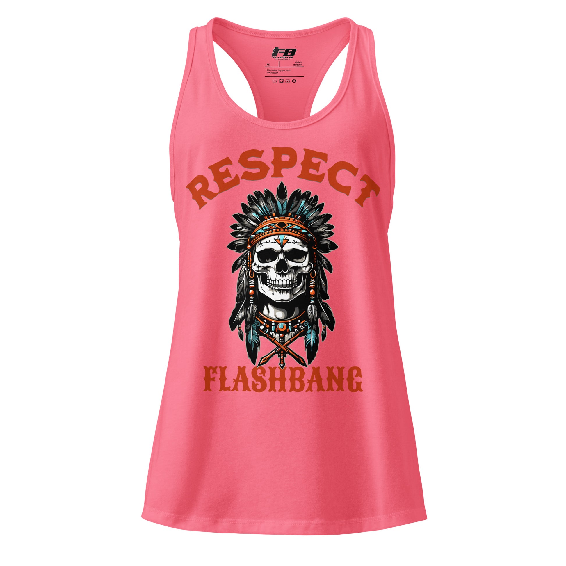 Pink tank top with skull design and 'Respect Flashbang' text on a white background
