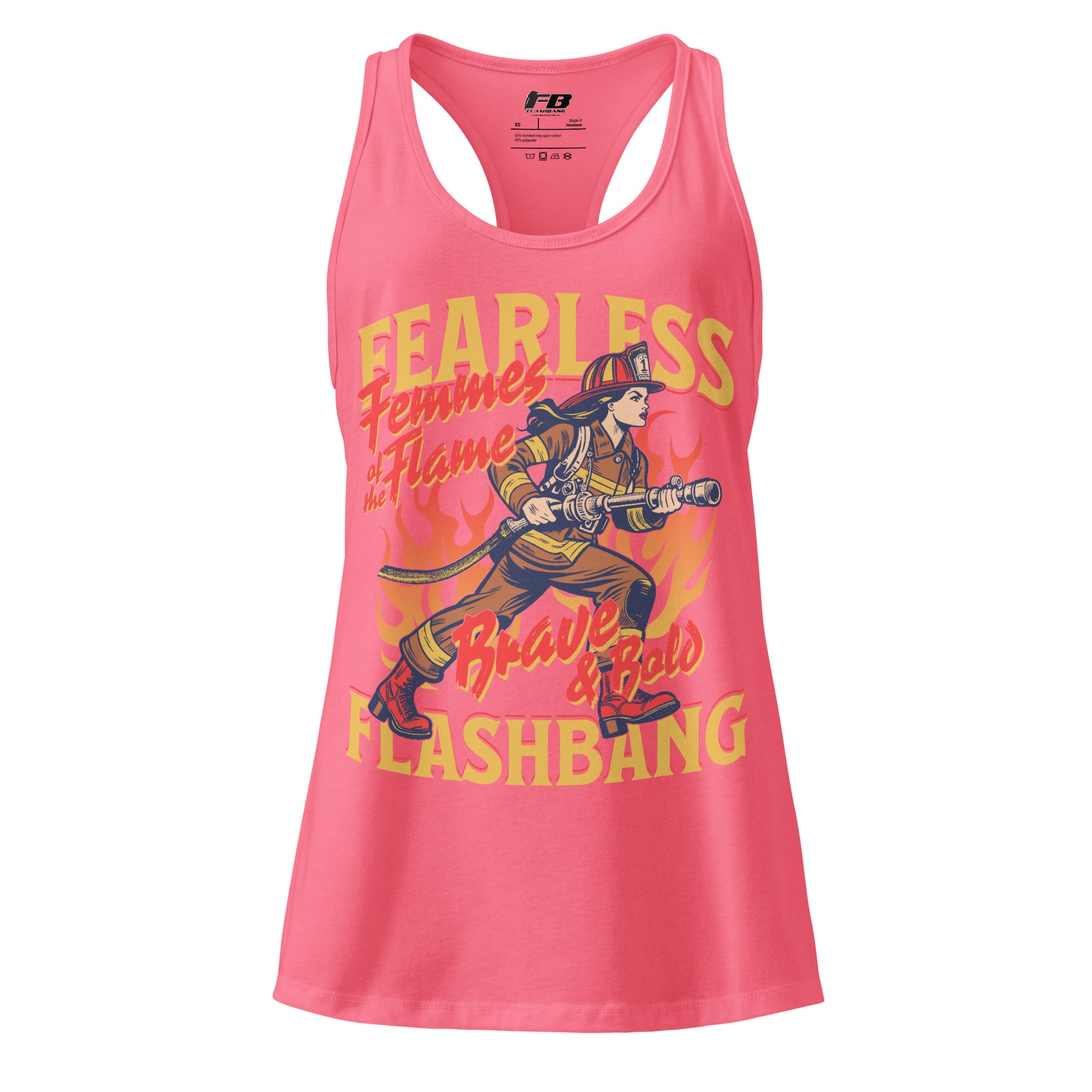 Pink tank top with graphic design and text on a white background