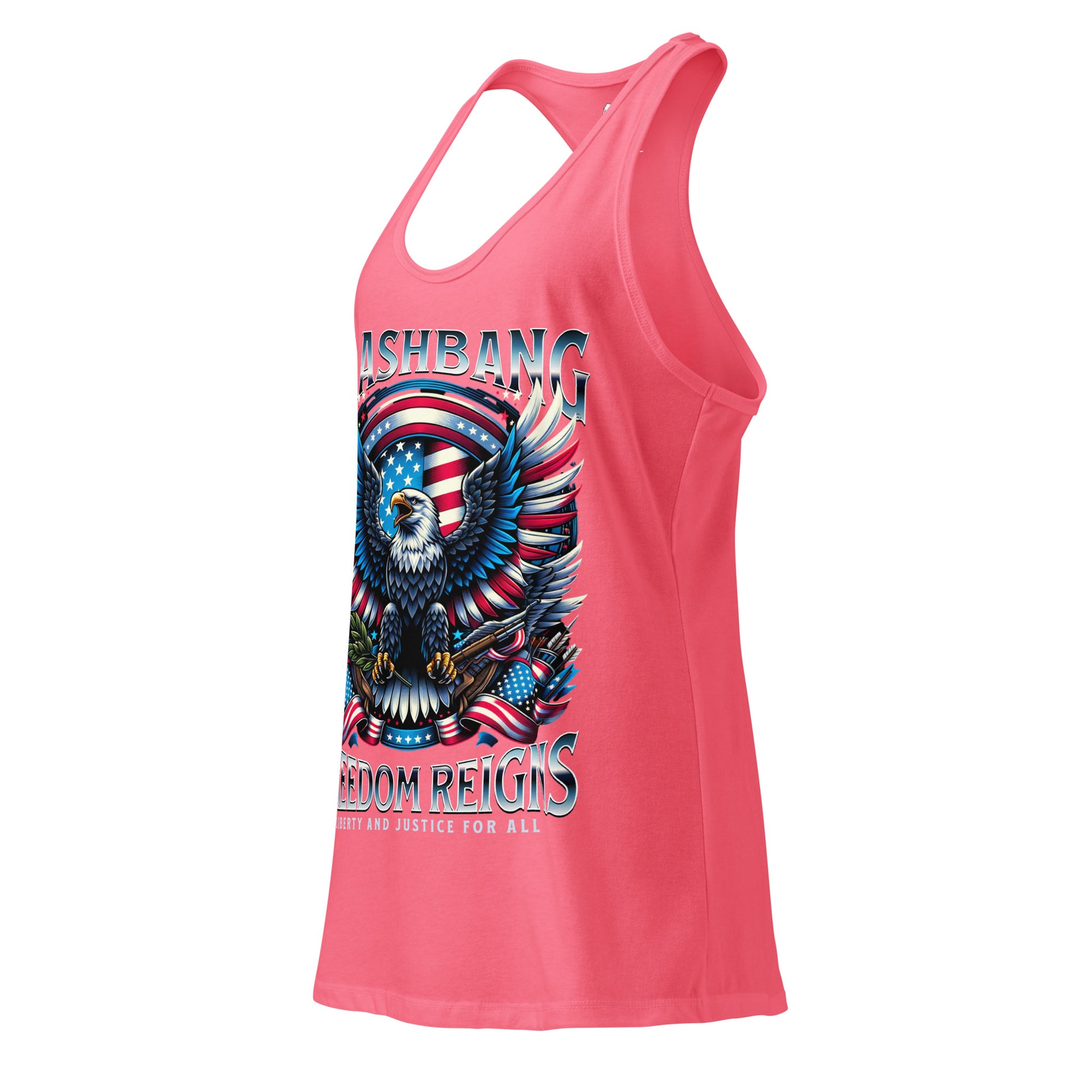 Pink tank top with an eagle and American flag design on a white background