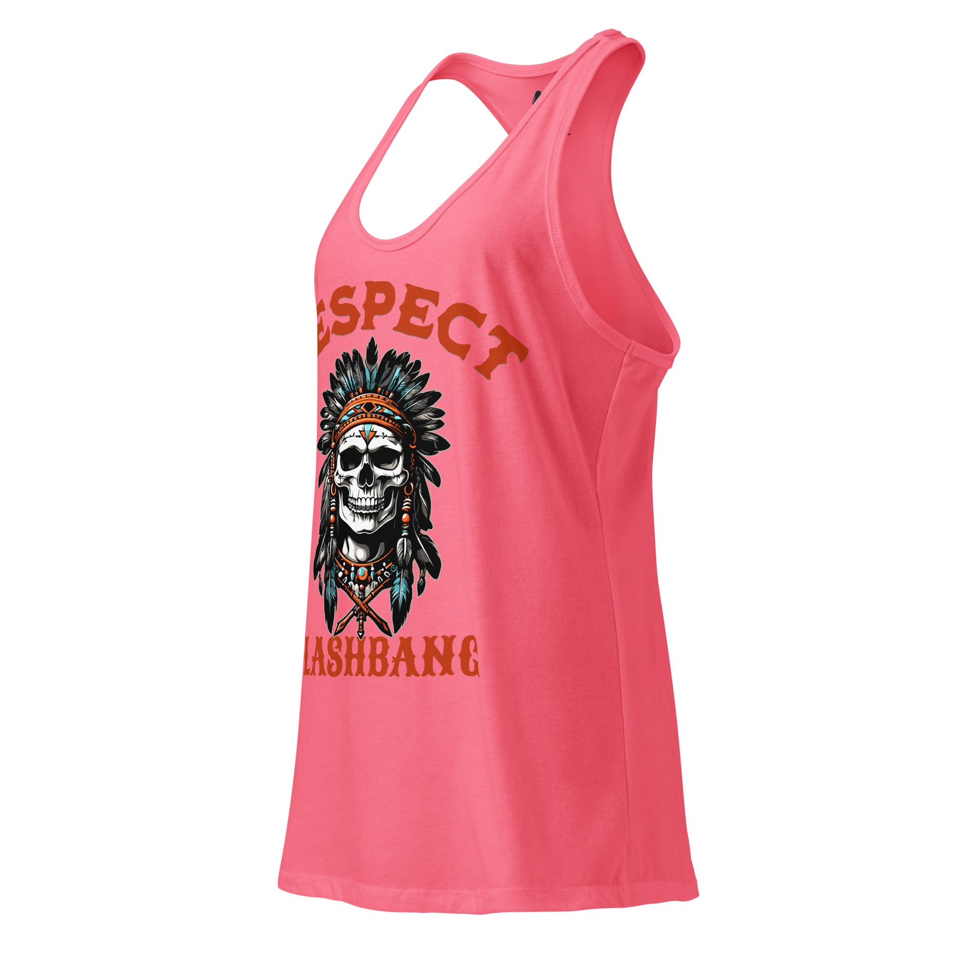 Pink tank top with a skull and feather design and 'Respect Dashbang' text on a white background