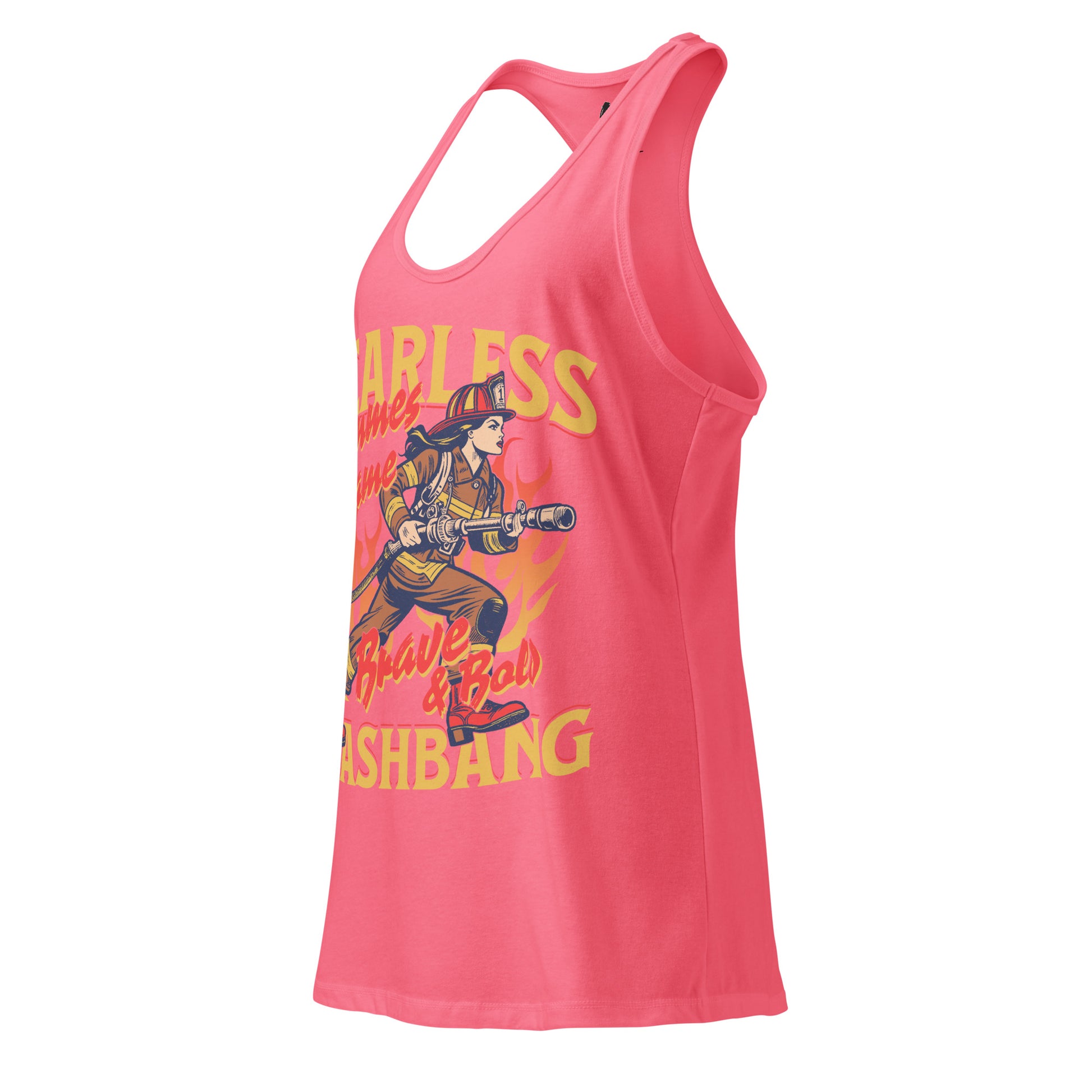 Pink tank top with graphic design and text on a white background