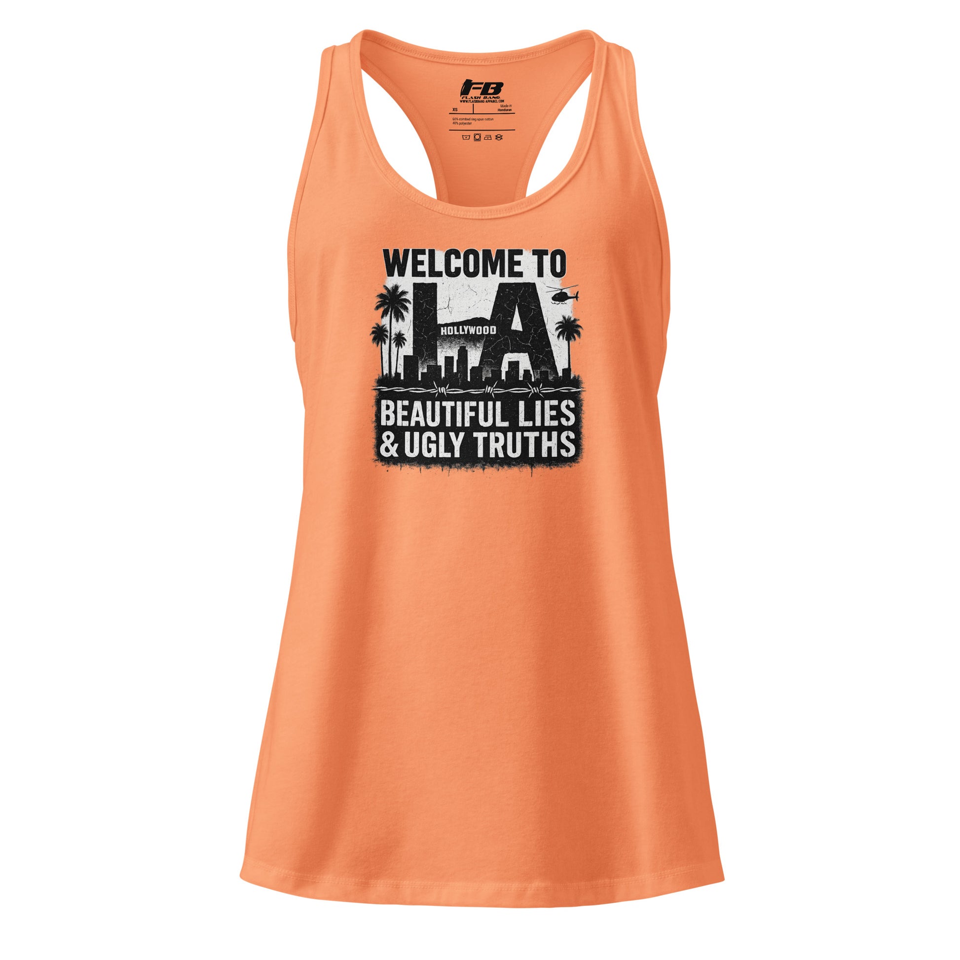 Orange tank top with graphic design and text on a white background