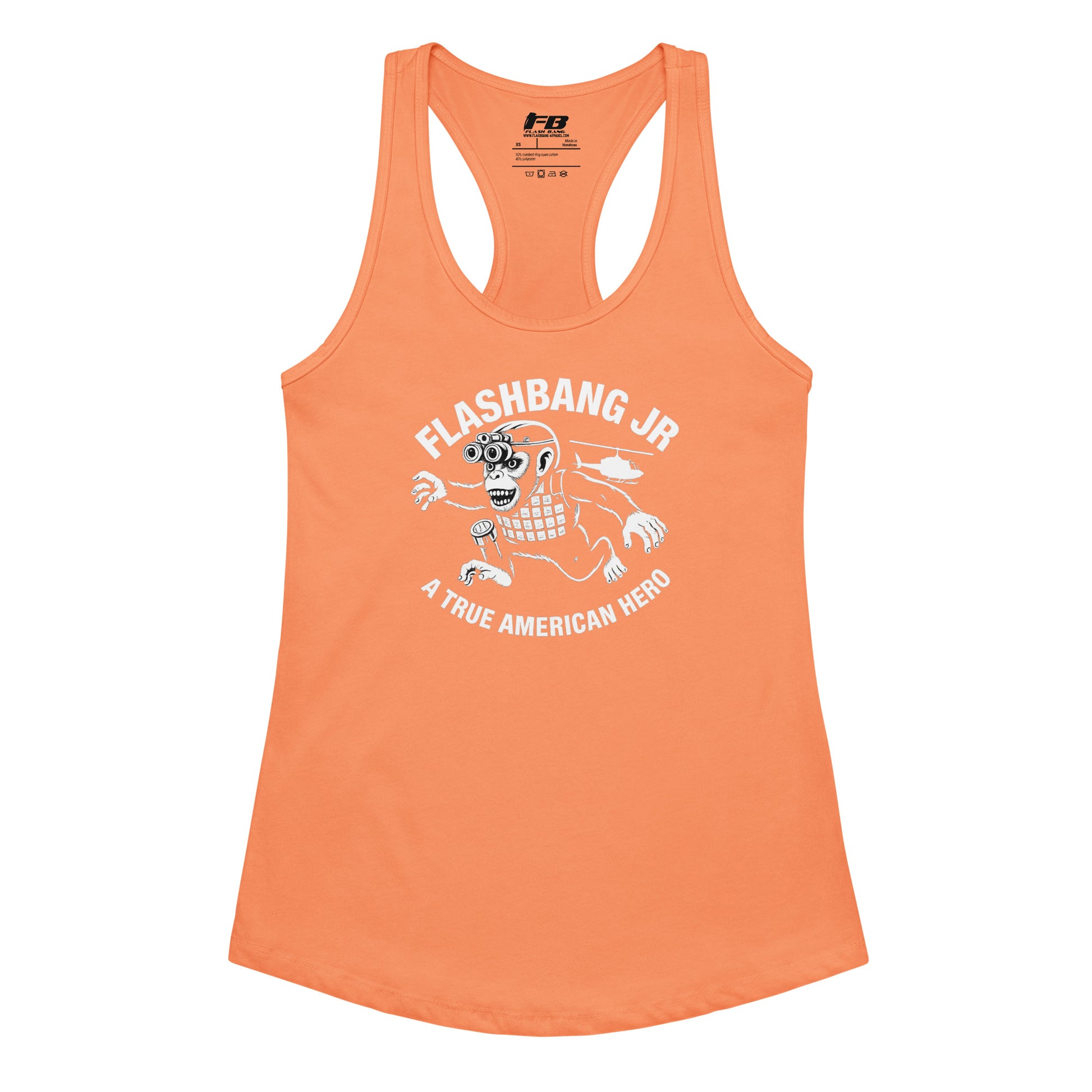 Orange tank top with graphic design and text on a white background