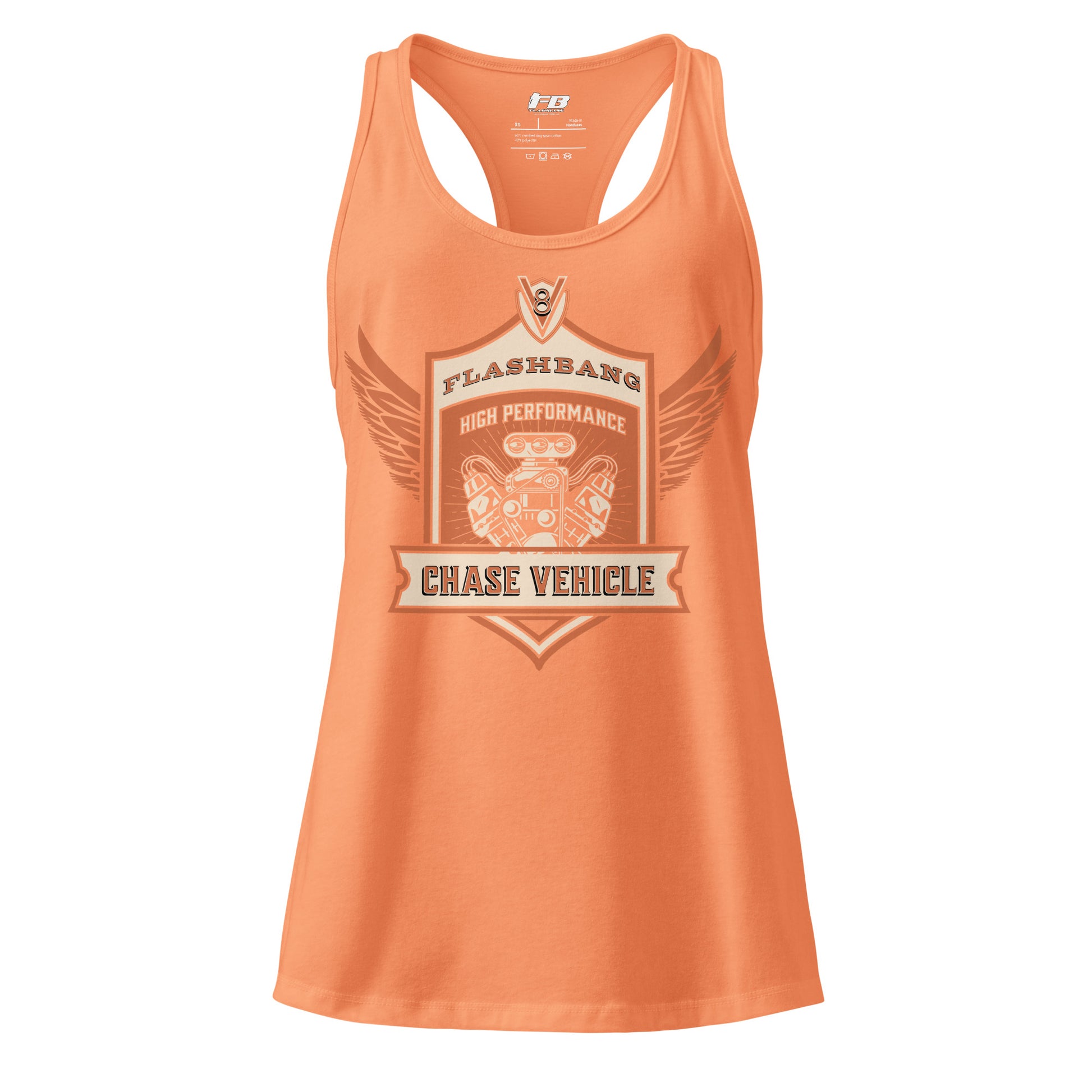 Orange tank top with graphic design and text on a white background