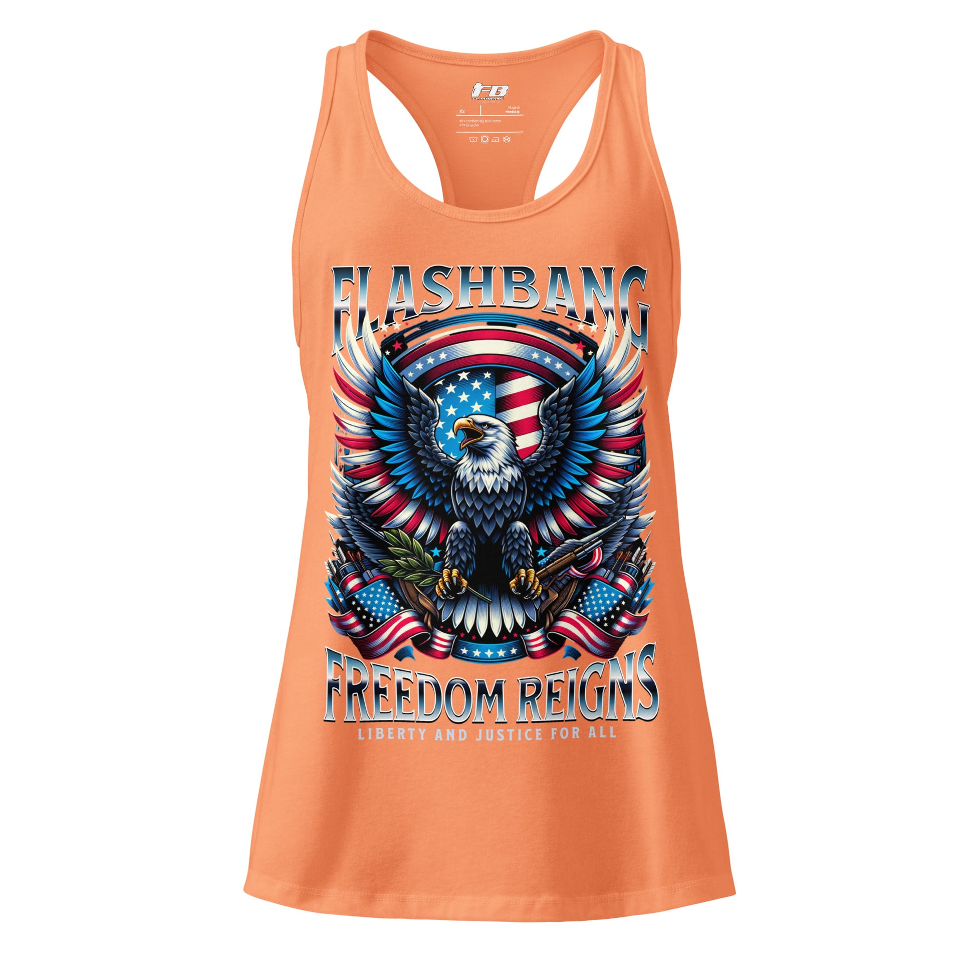 Orange tank top with eagle and American flag design on a white background