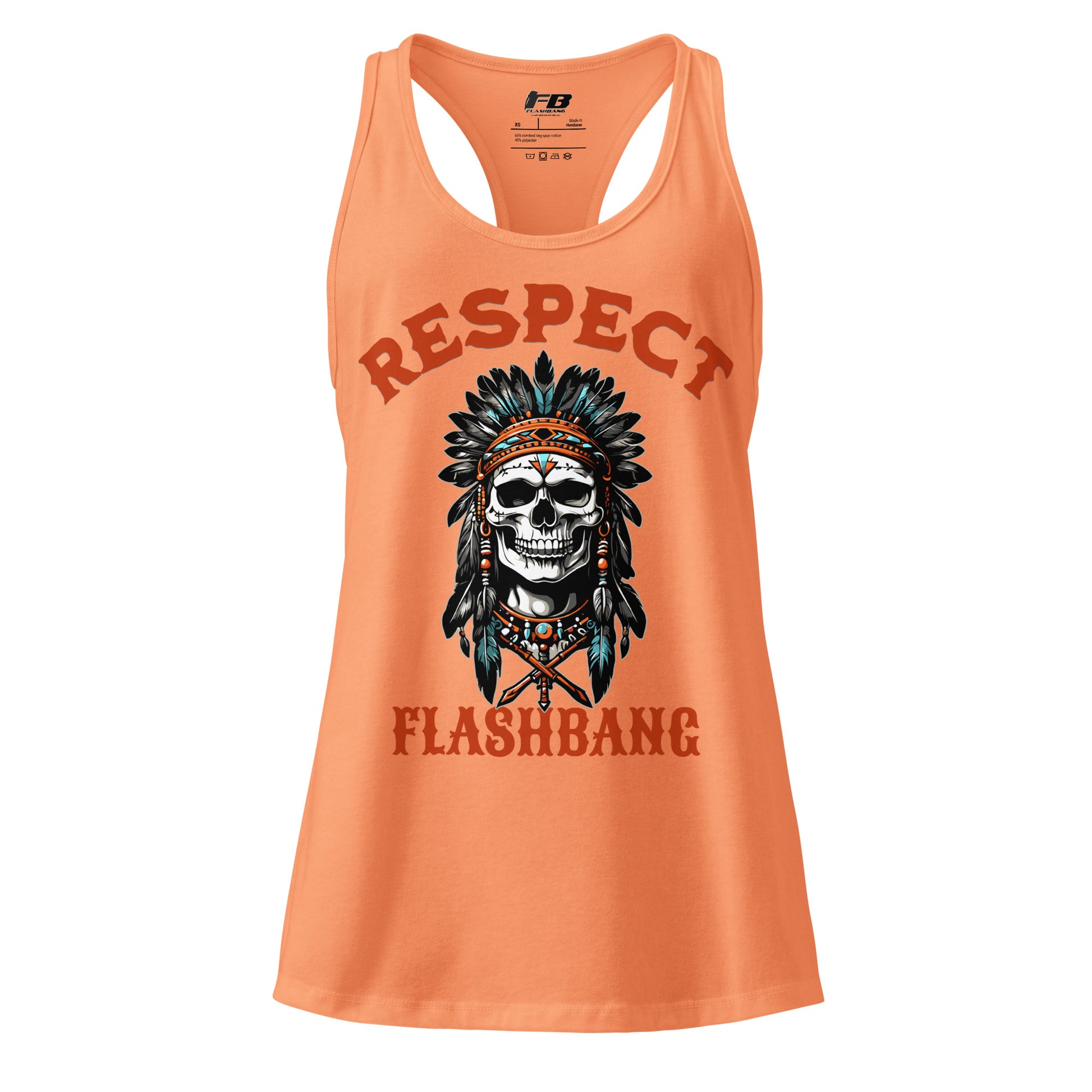 Orange tank top with skull design and 'Respect Flashbang' text on a white background