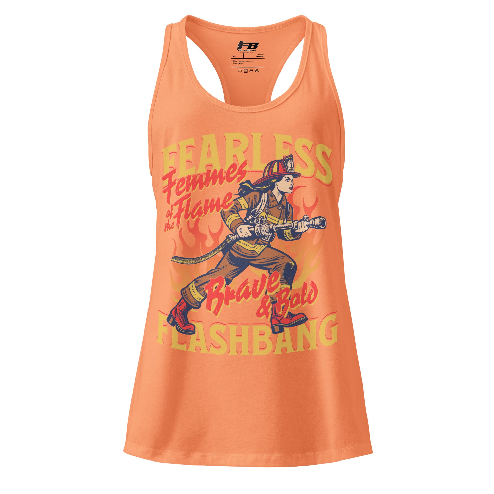 Orange tank top with graphic design and text on a white background