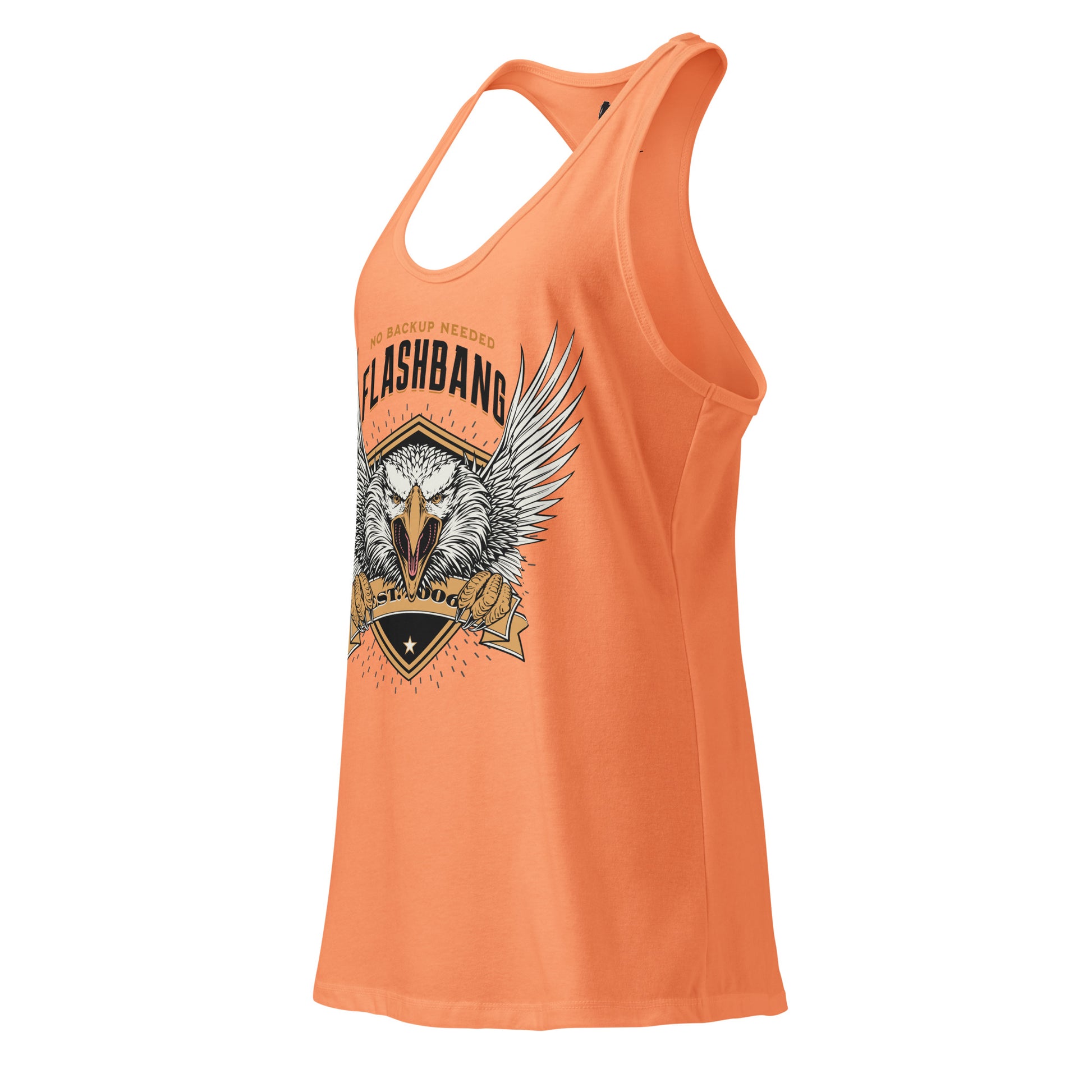 Orange tank top with graphic design on a white background