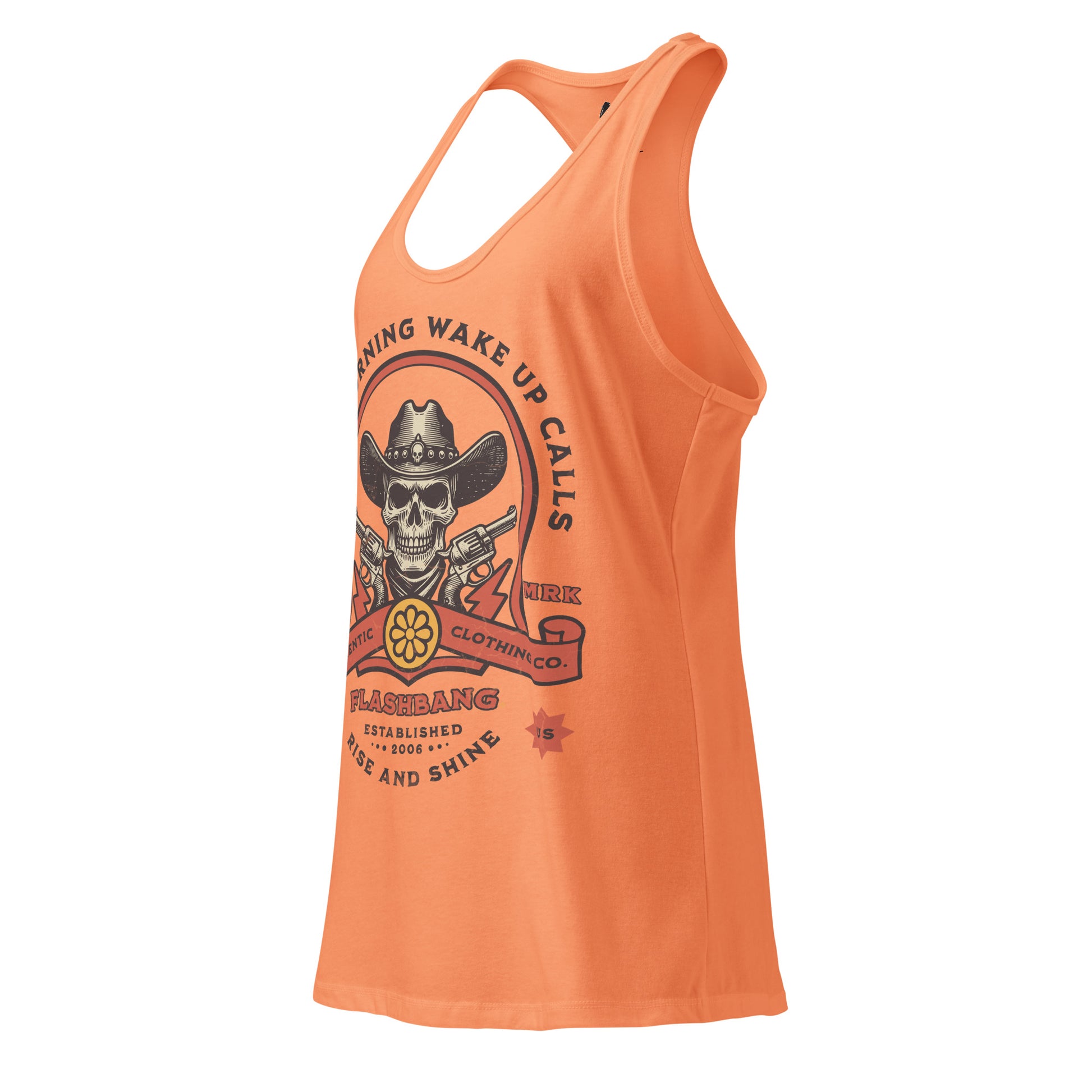 Orange tank top with graphic design on a white background