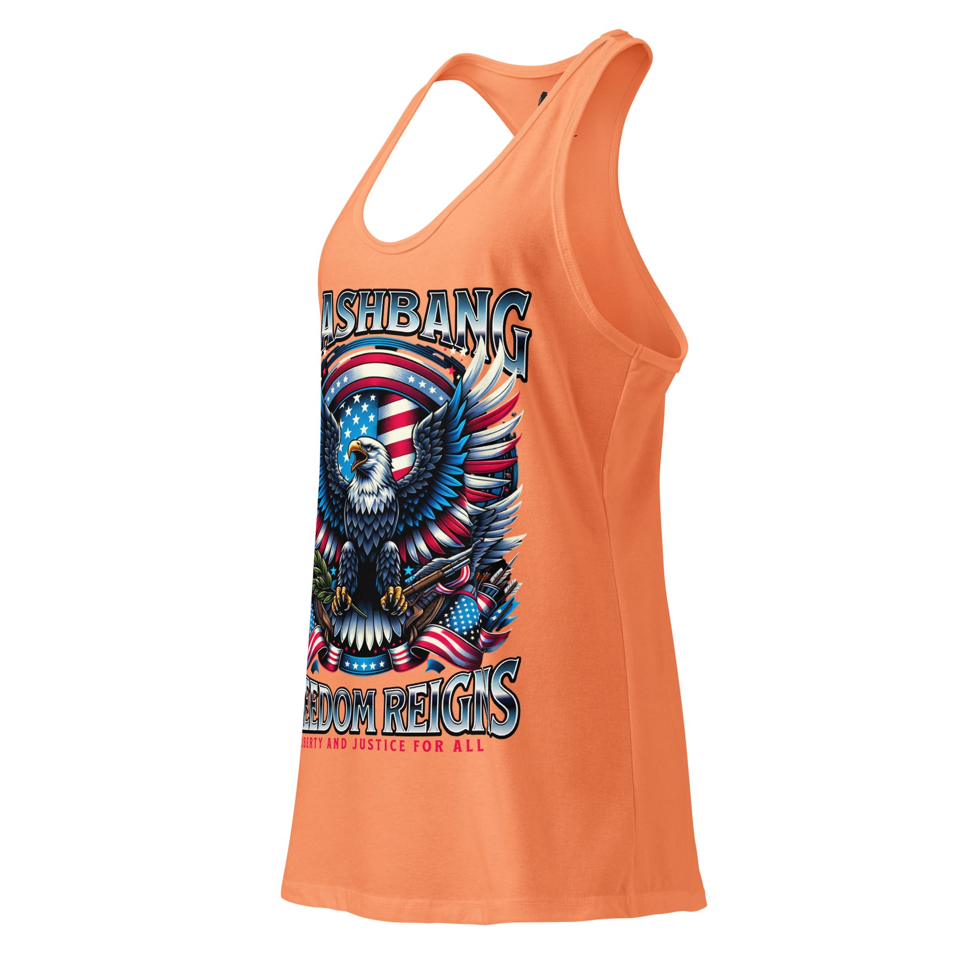Orange tank top with an eagle and American flag design on a white background