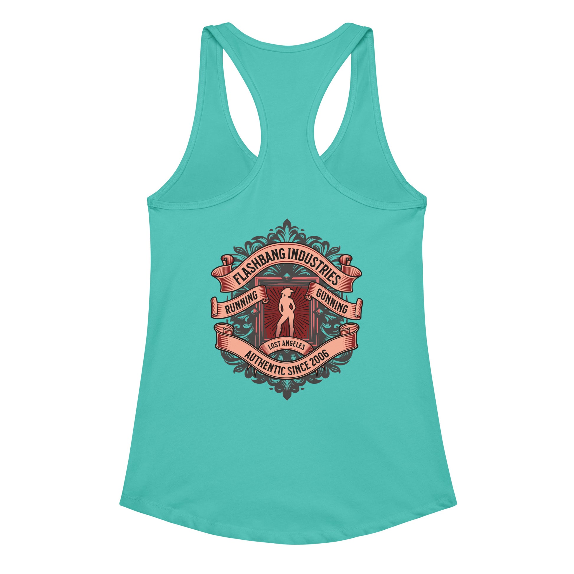 Teal tank top with a graphic design on the back against a white background