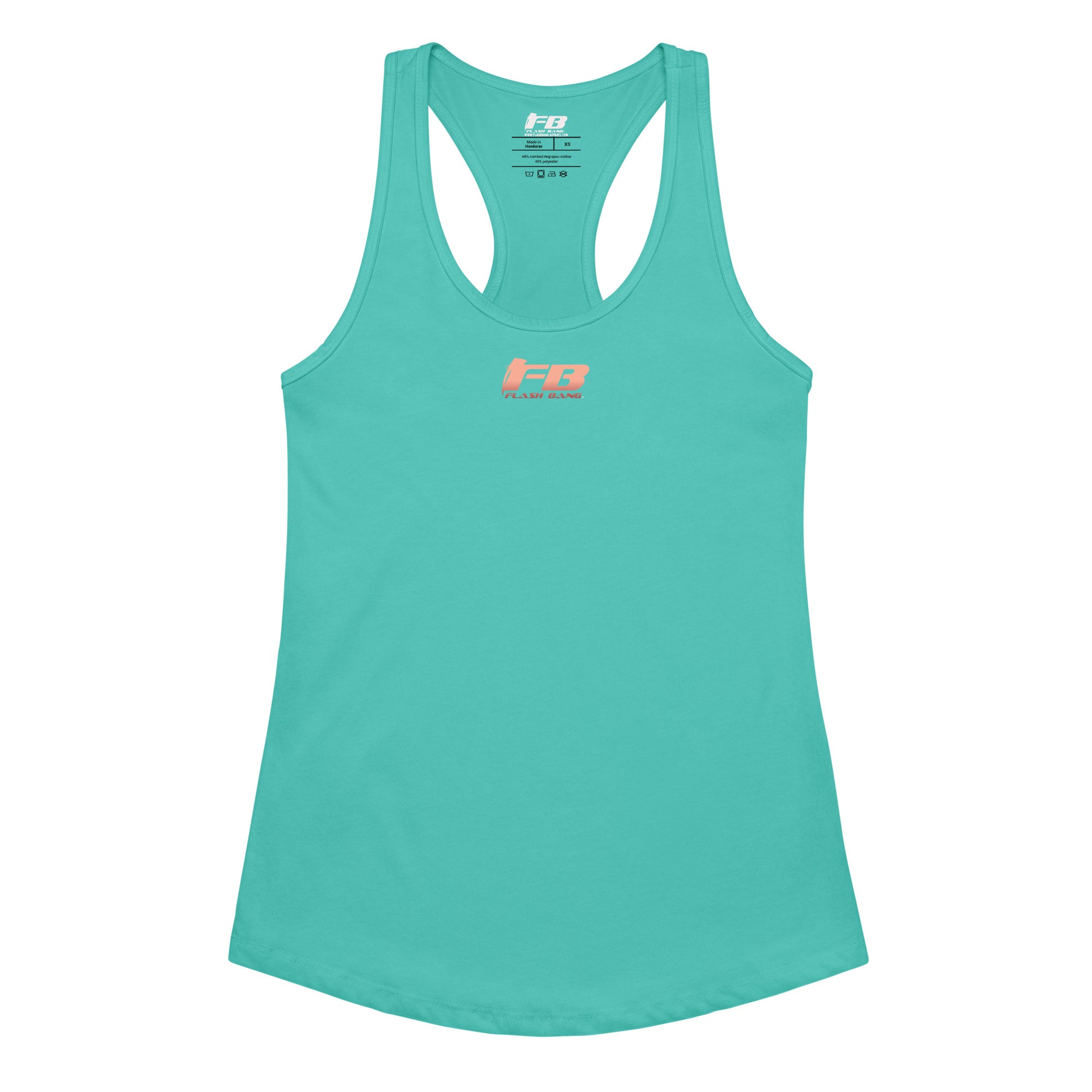 Teal tank top with a logo on a white background