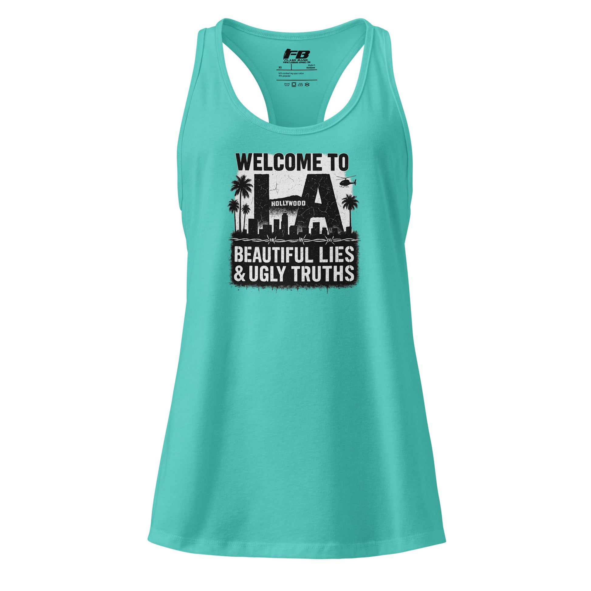 Turquoise tank top with graphic design and text on a white background