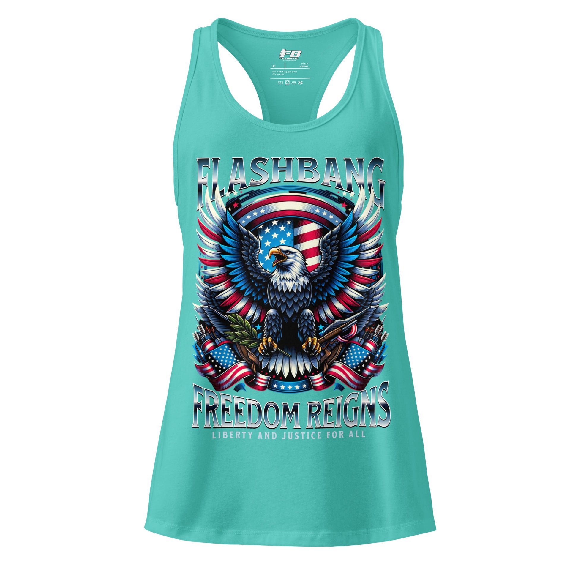 Turquoise tank top with eagle and American flag design on a white background