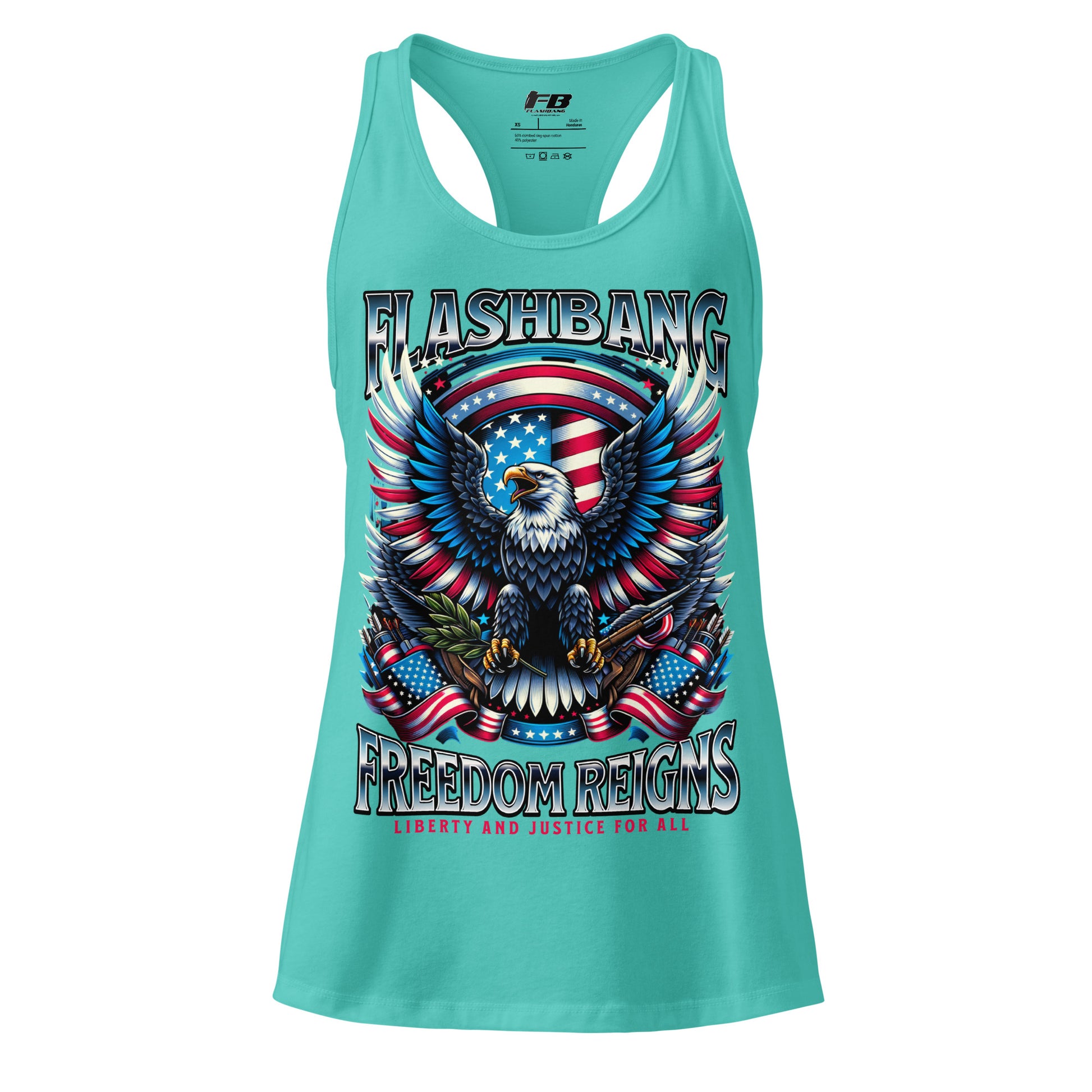 Turquoise tank top with eagle and American flag design on a white background
