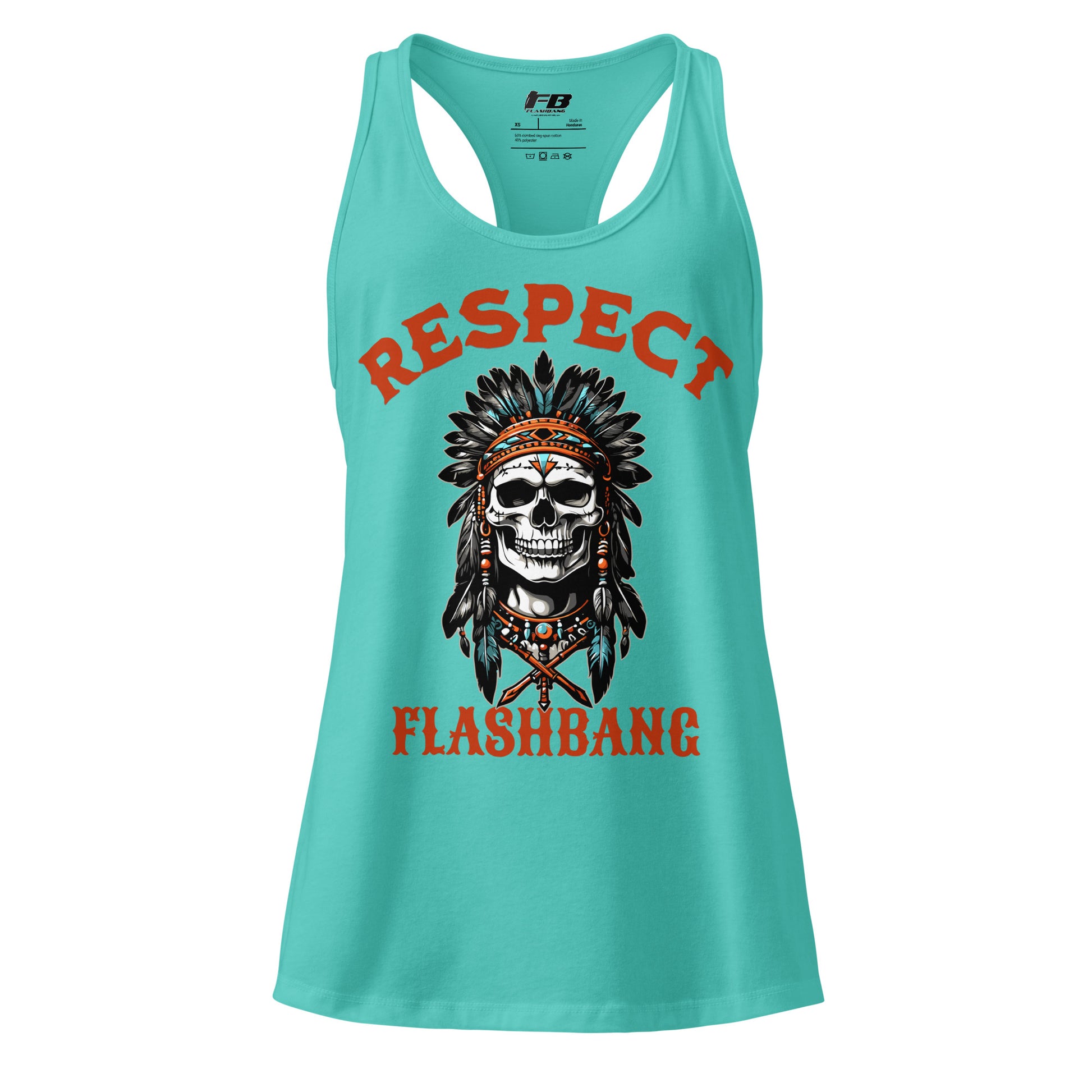 Turquoise tank top with skull design and 'Respect Flashbang' text on a white background