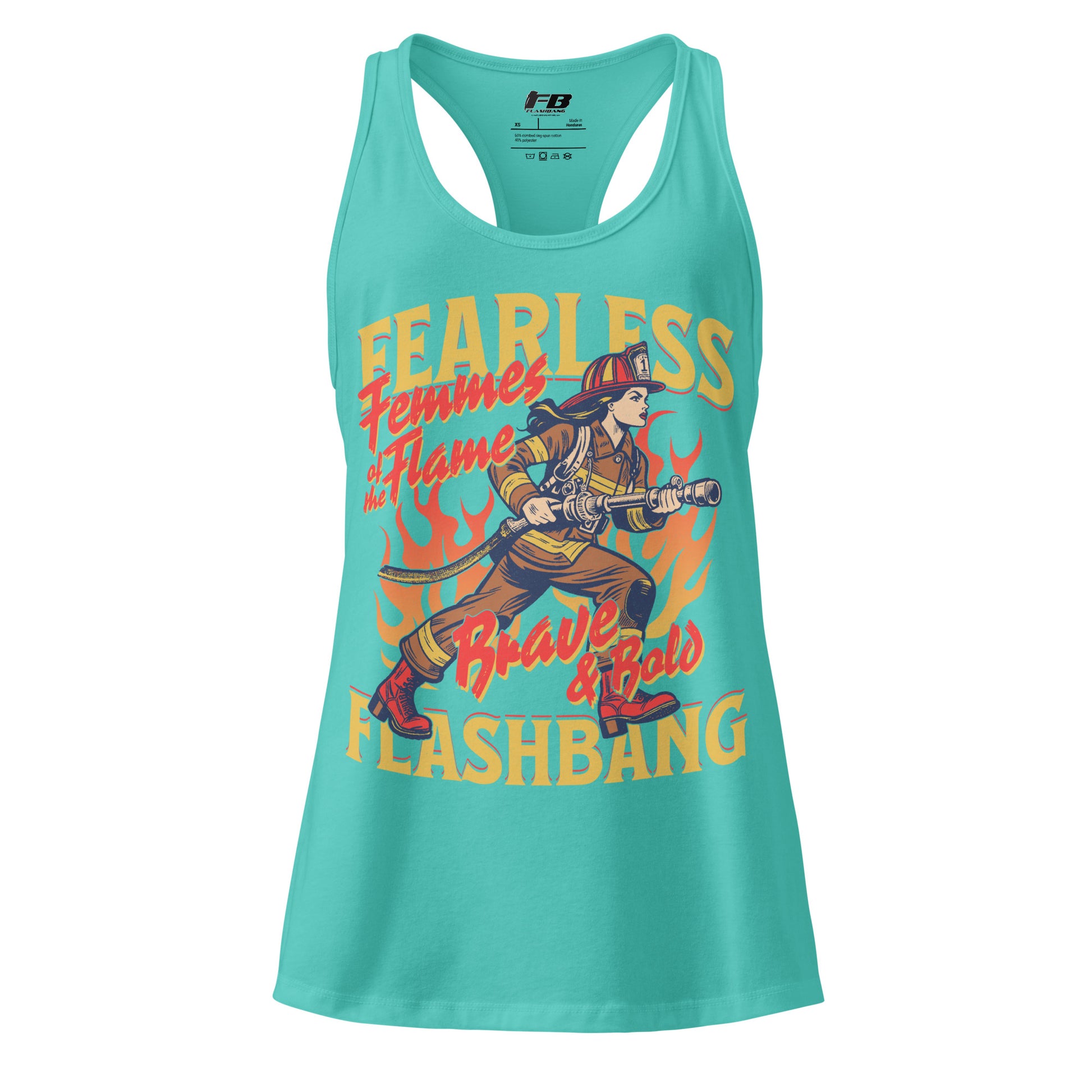 Turquoise tank top with a graphic of a firefighter and text on a white background