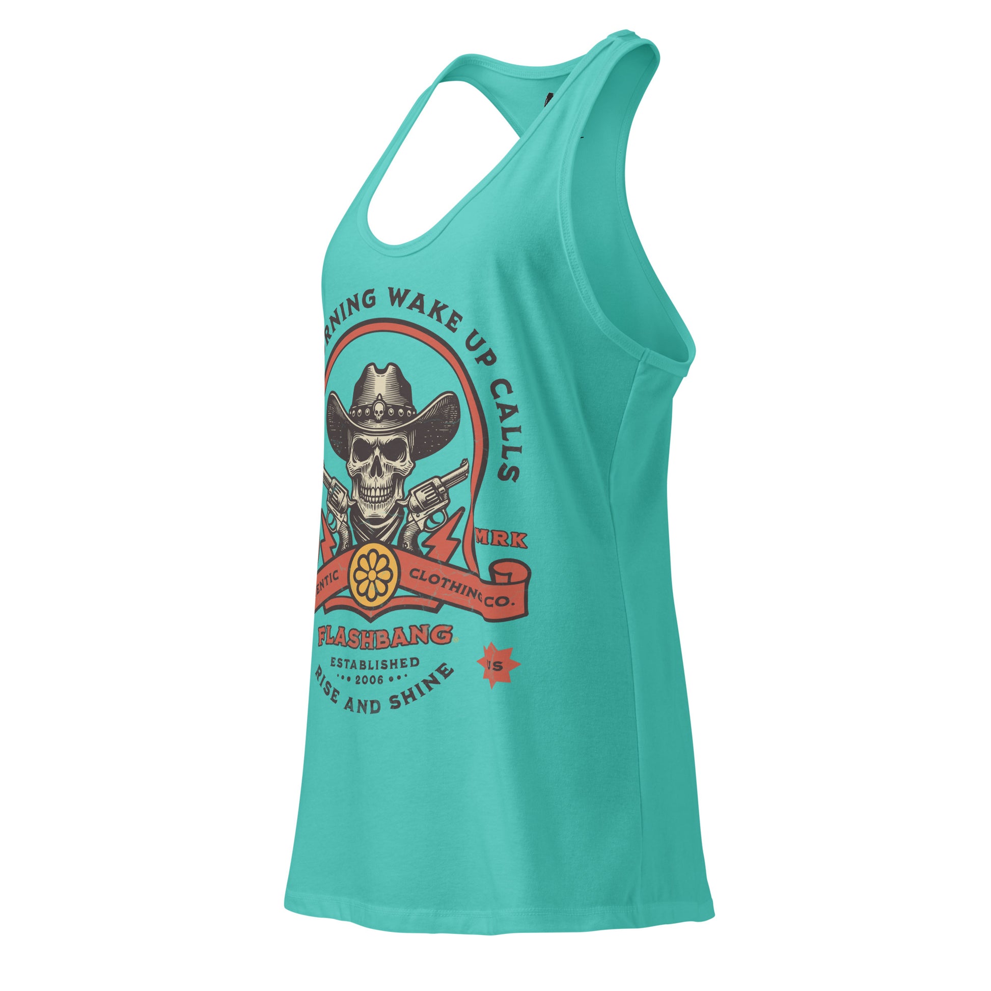 Turquoise tank top with a graphic design on a white background