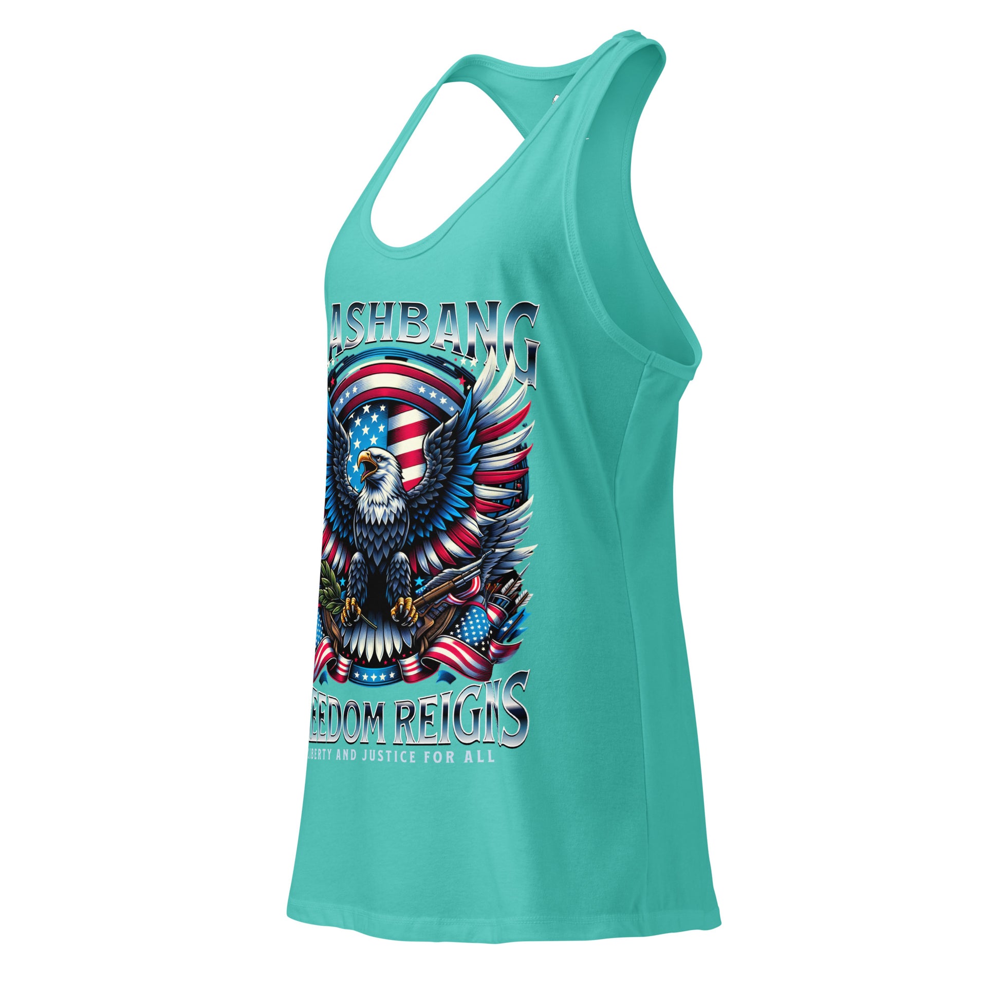 Turquoise tank top with an eagle and American flag design on a white background