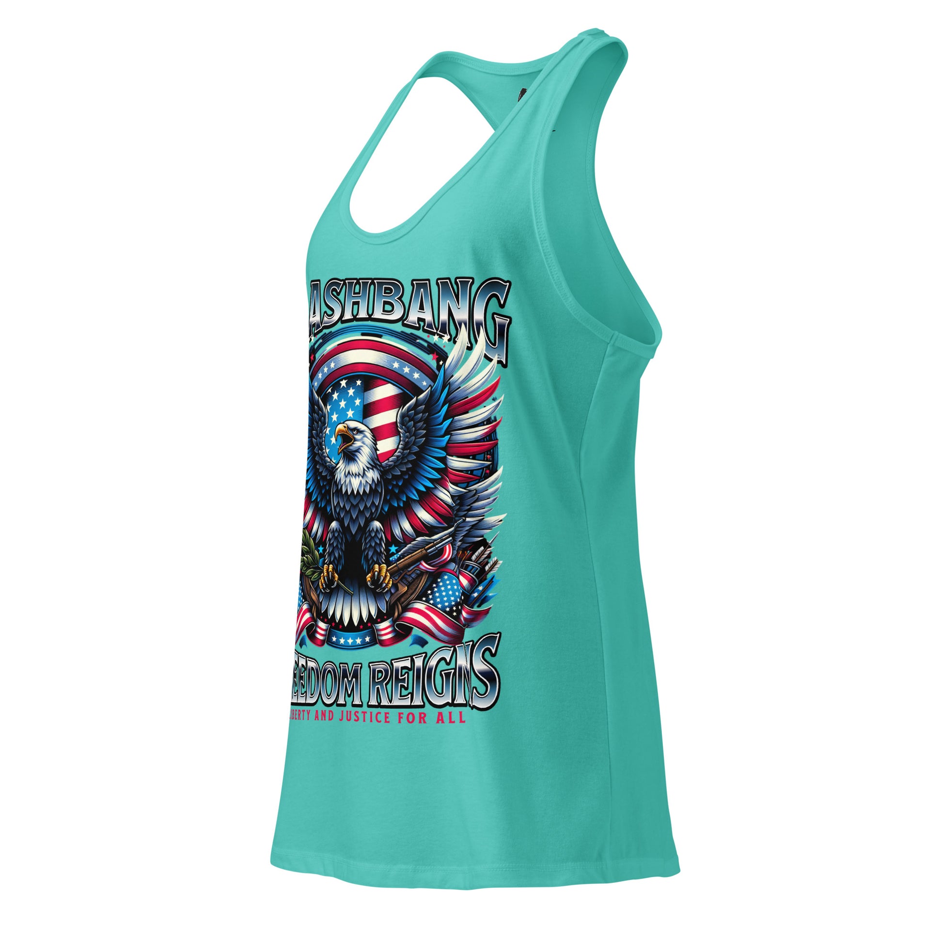 Turquoise tank top with an eagle and American flag design on a white background