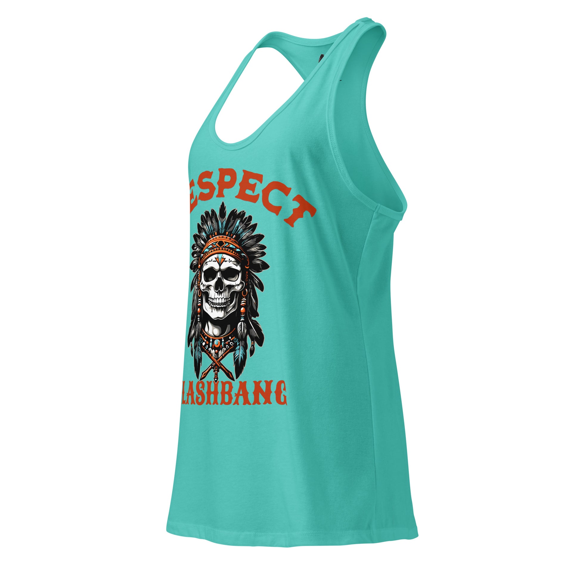 Turquoise tank top with a skull and headdress design and 'Respect Dashbang' text on a white background.