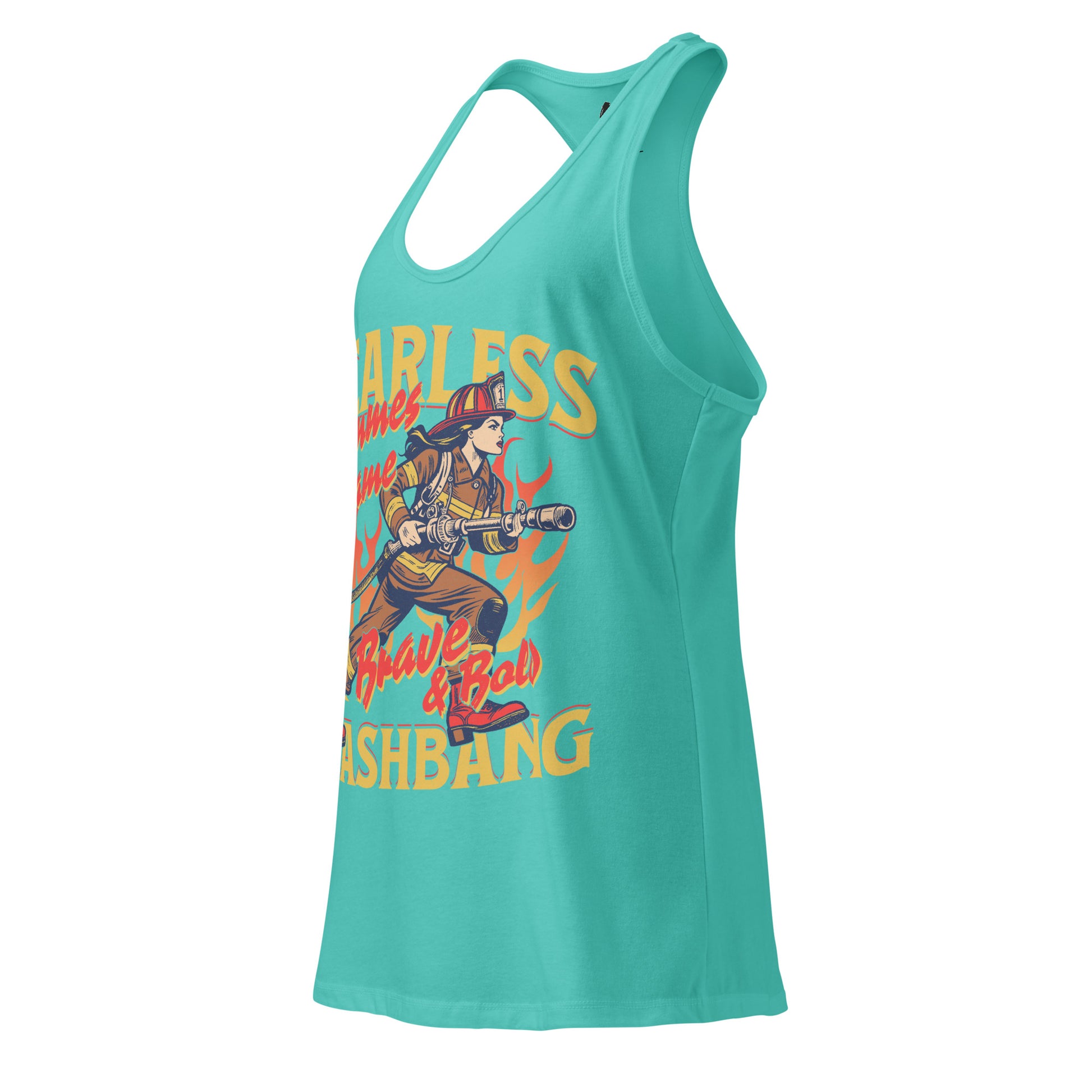 Turquoise tank top with a graphic design of a person in a fire helmet and guitar, with text on a white background.