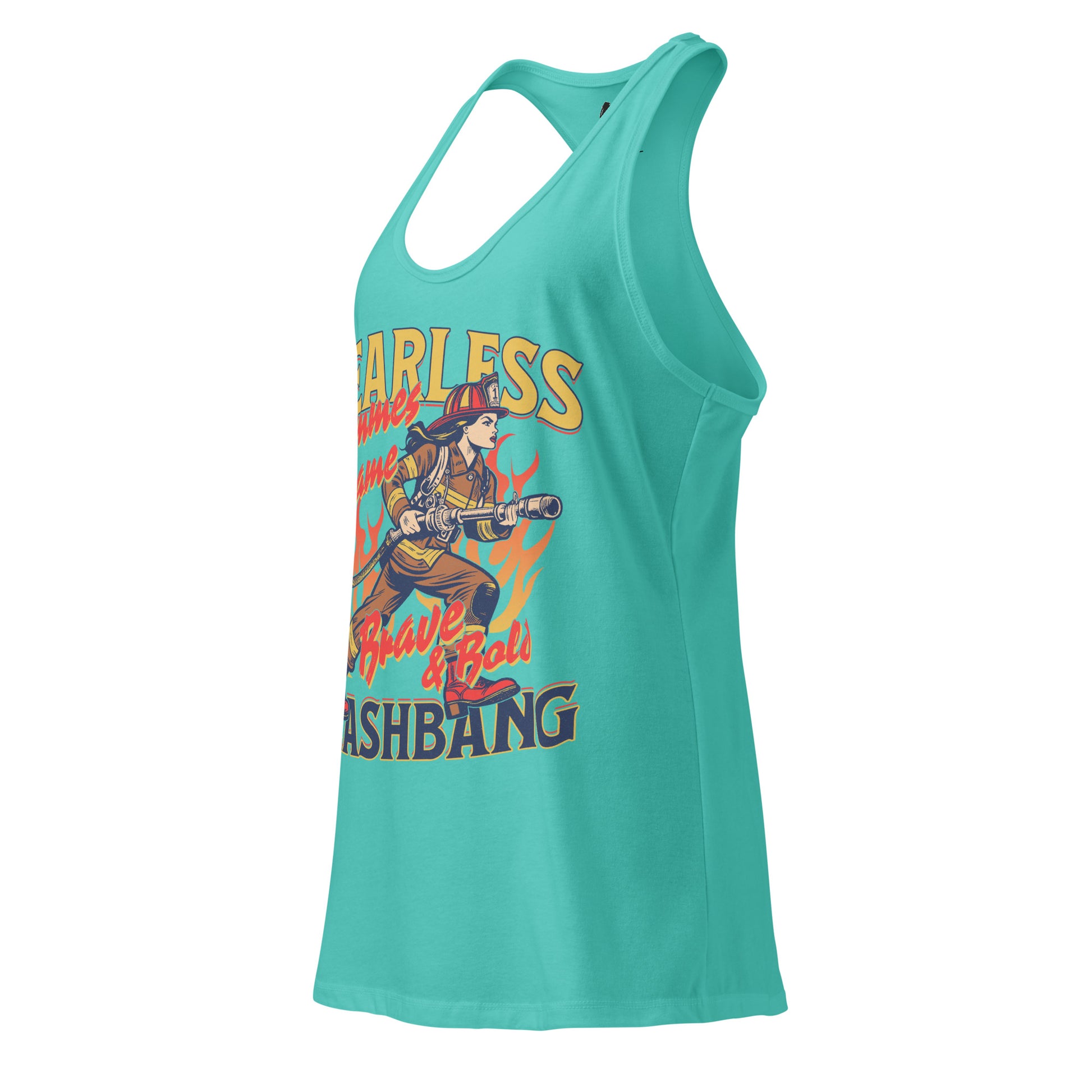 Turquoise tank top with graphic design and text on a white background