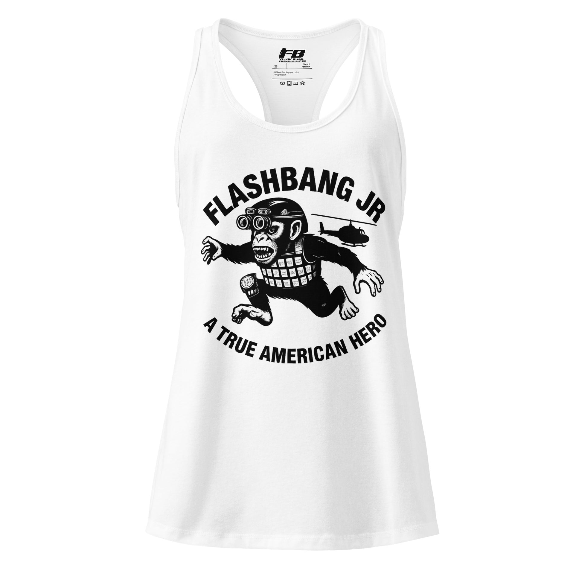 White tank top with black graphic design and text on a white background