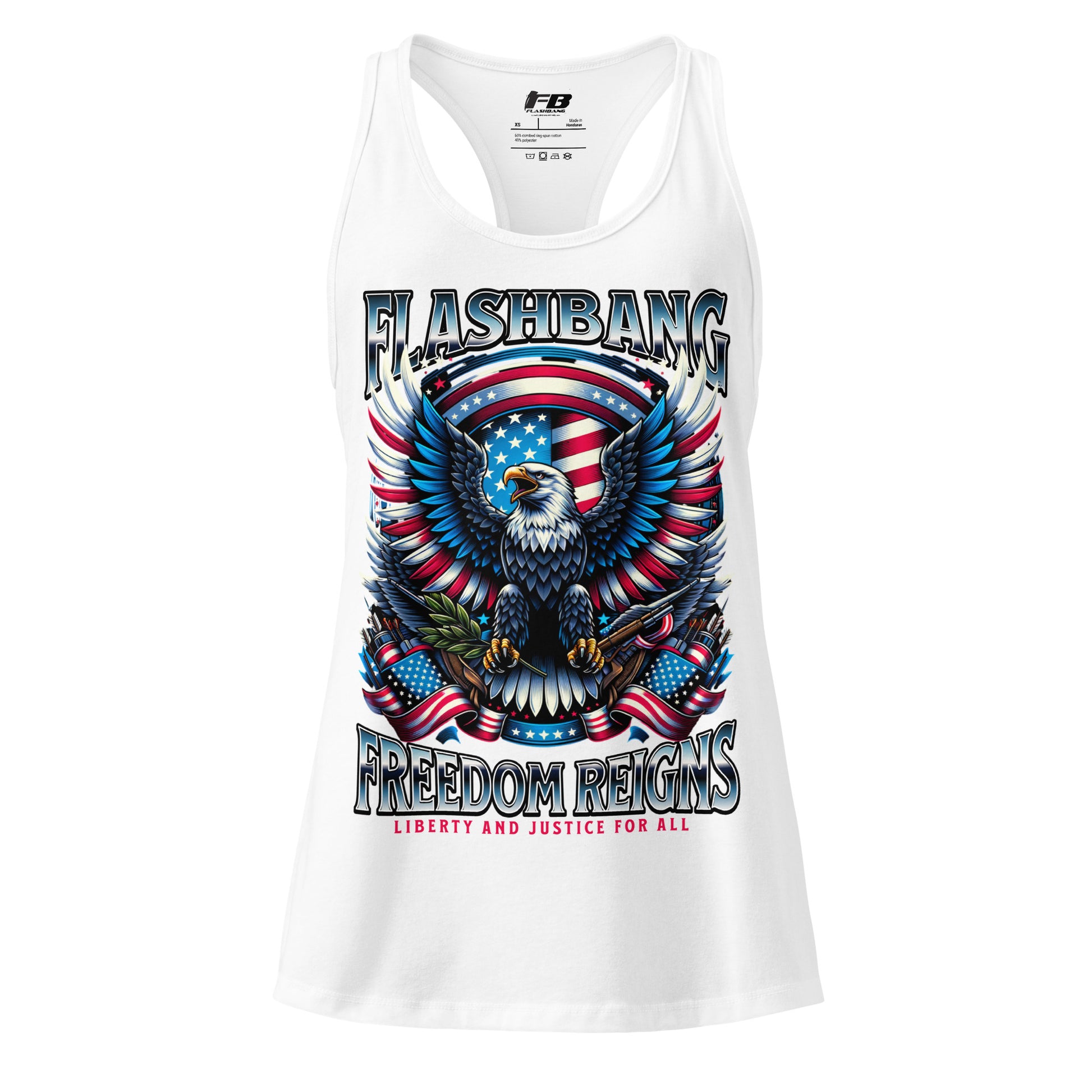 White tank top with 'Flashbang' and eagle design on a white background