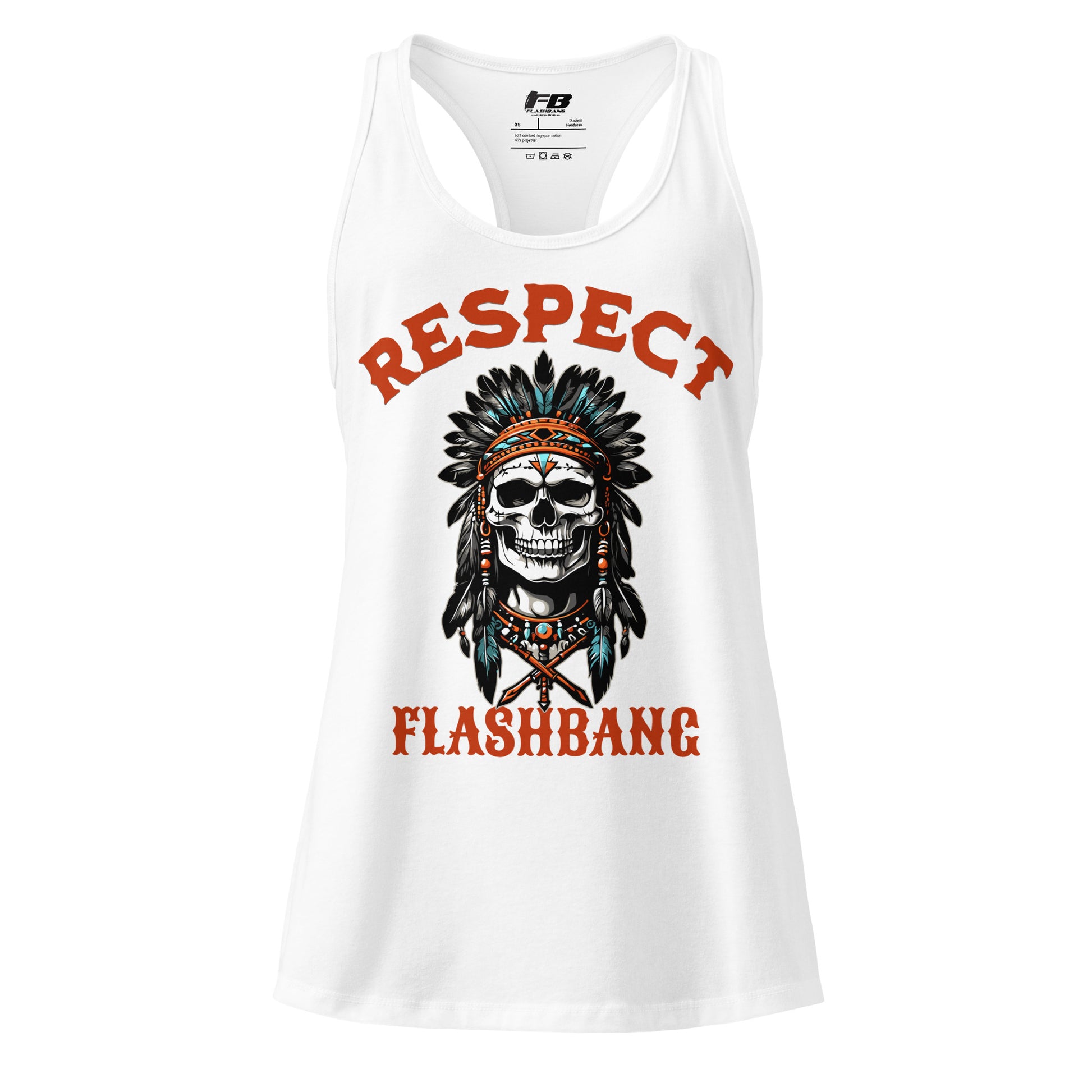 White tank top with skull design and 'Respect Flashbang' text on a white background