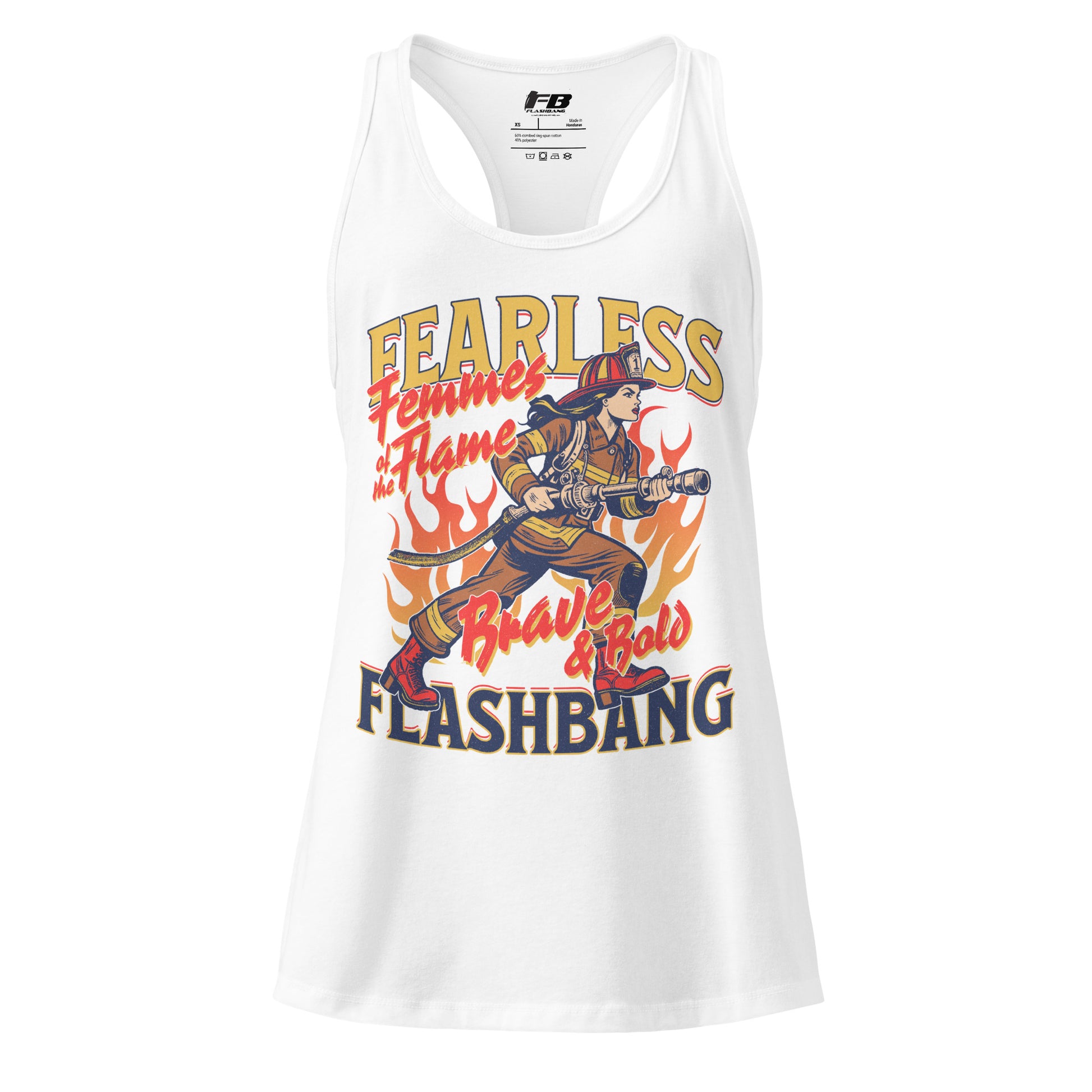 White tank top with graphic design and text on a white background