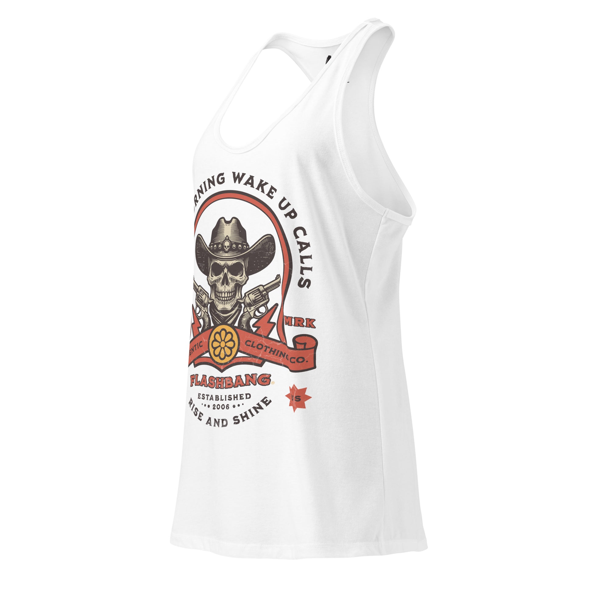 White tank top with a graphic design featuring a skull and cowboy hat on a white background