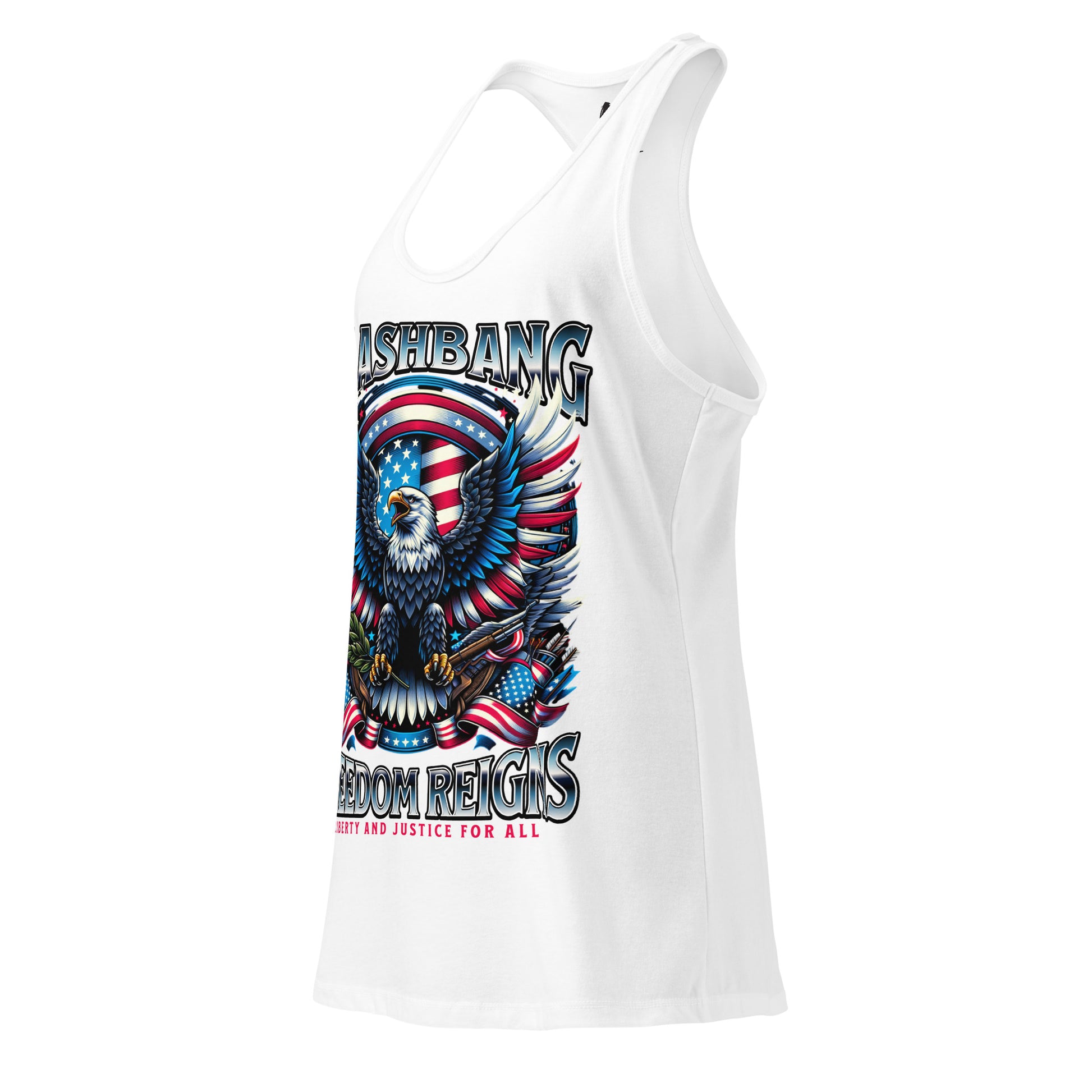 White tank top with an eagle and American flag design on a white background