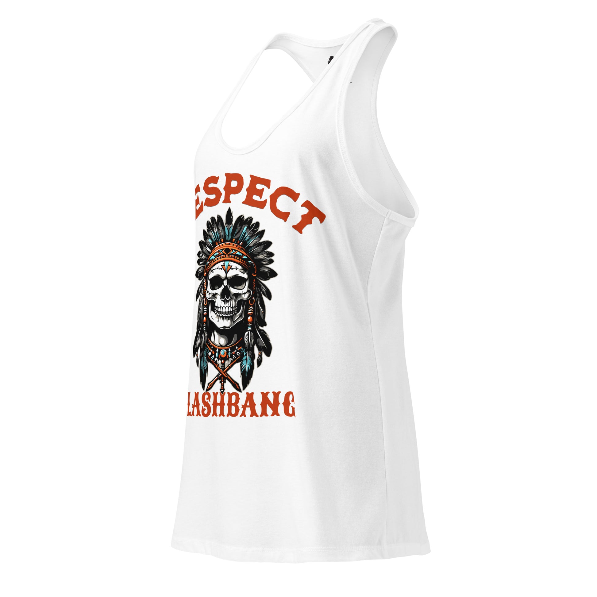 White tank top with a skull and headdress design and text on a white background