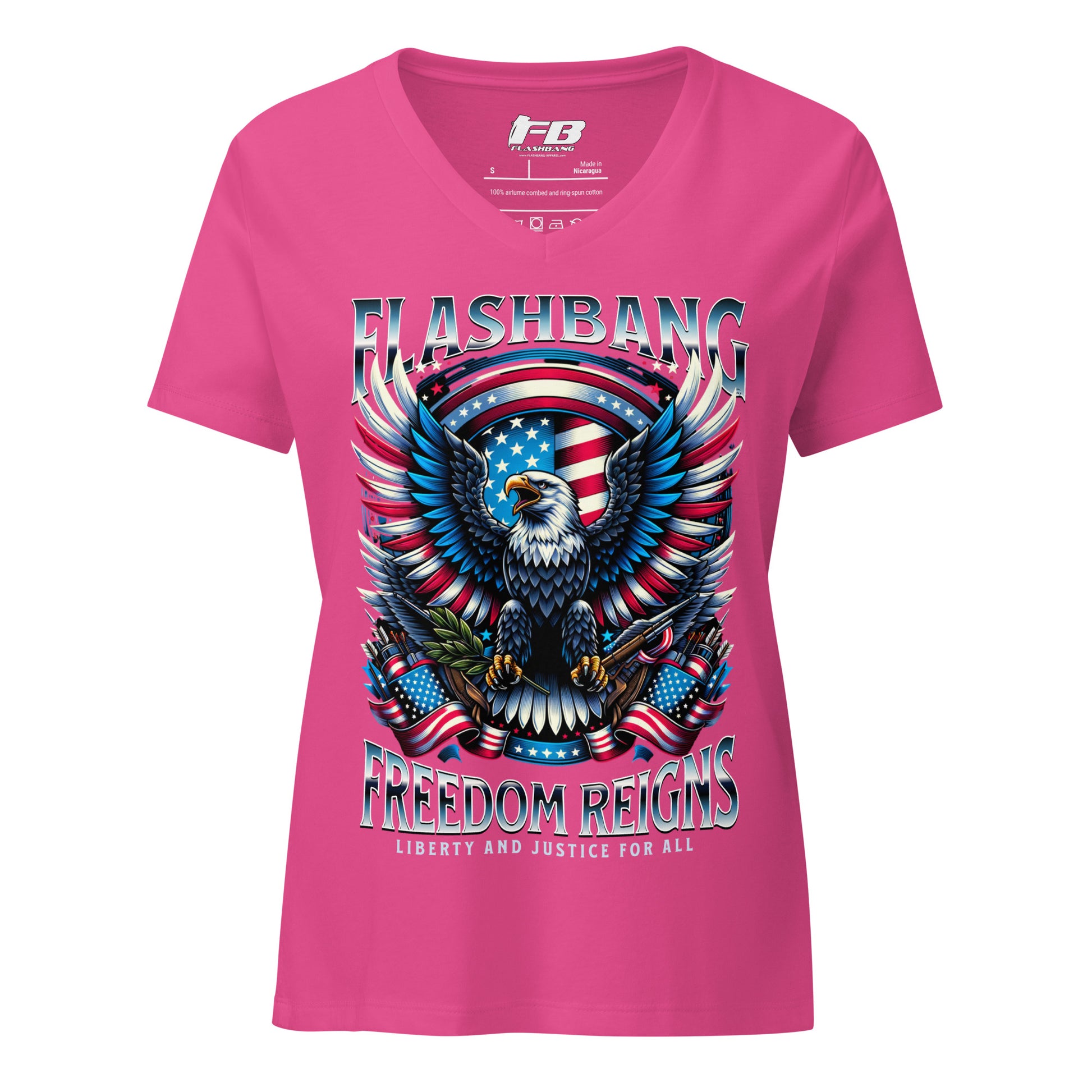 Pink t-shirt with an eagle and American flag design on a white background