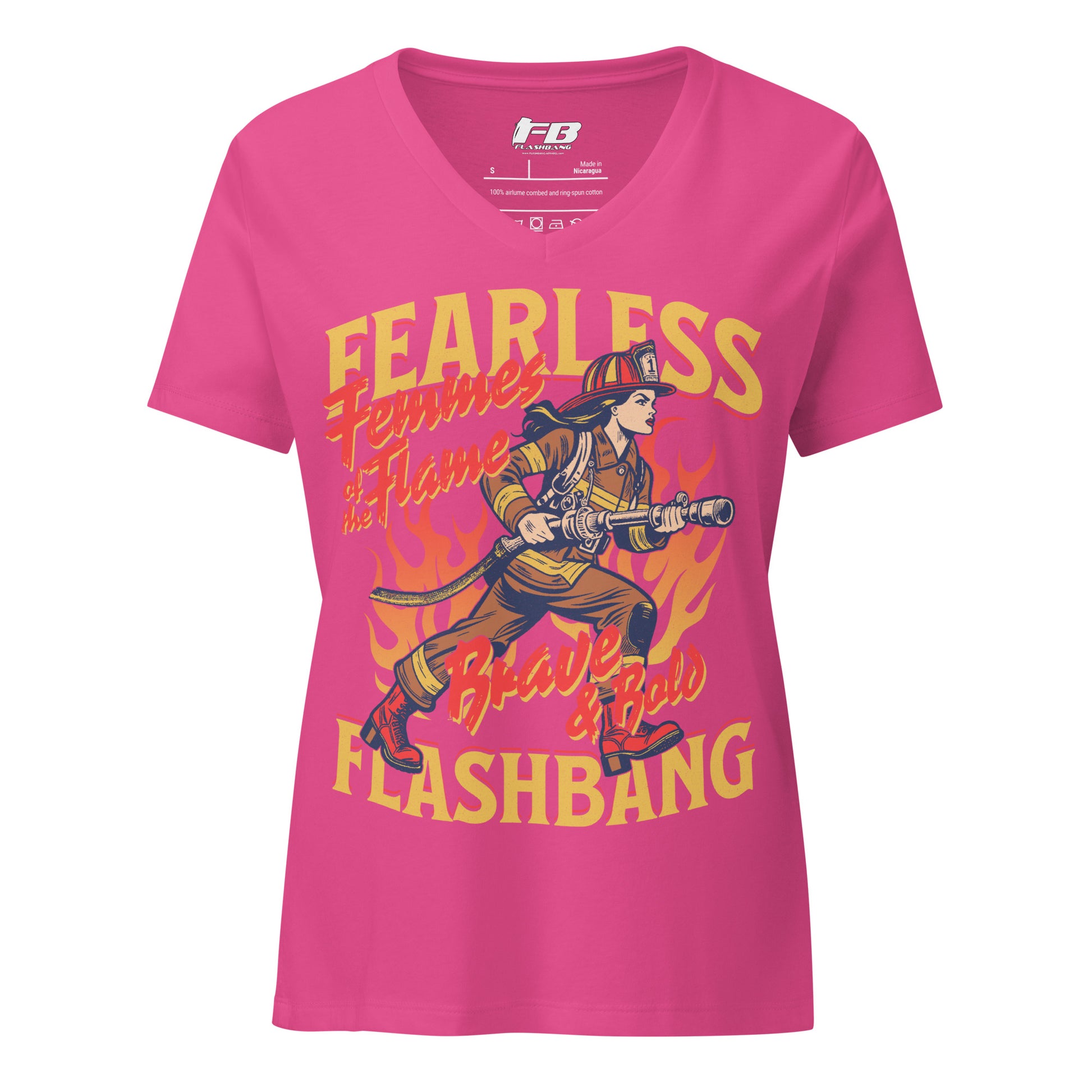 Pink t-shirt with a graphic of a firefighter and text on a white background